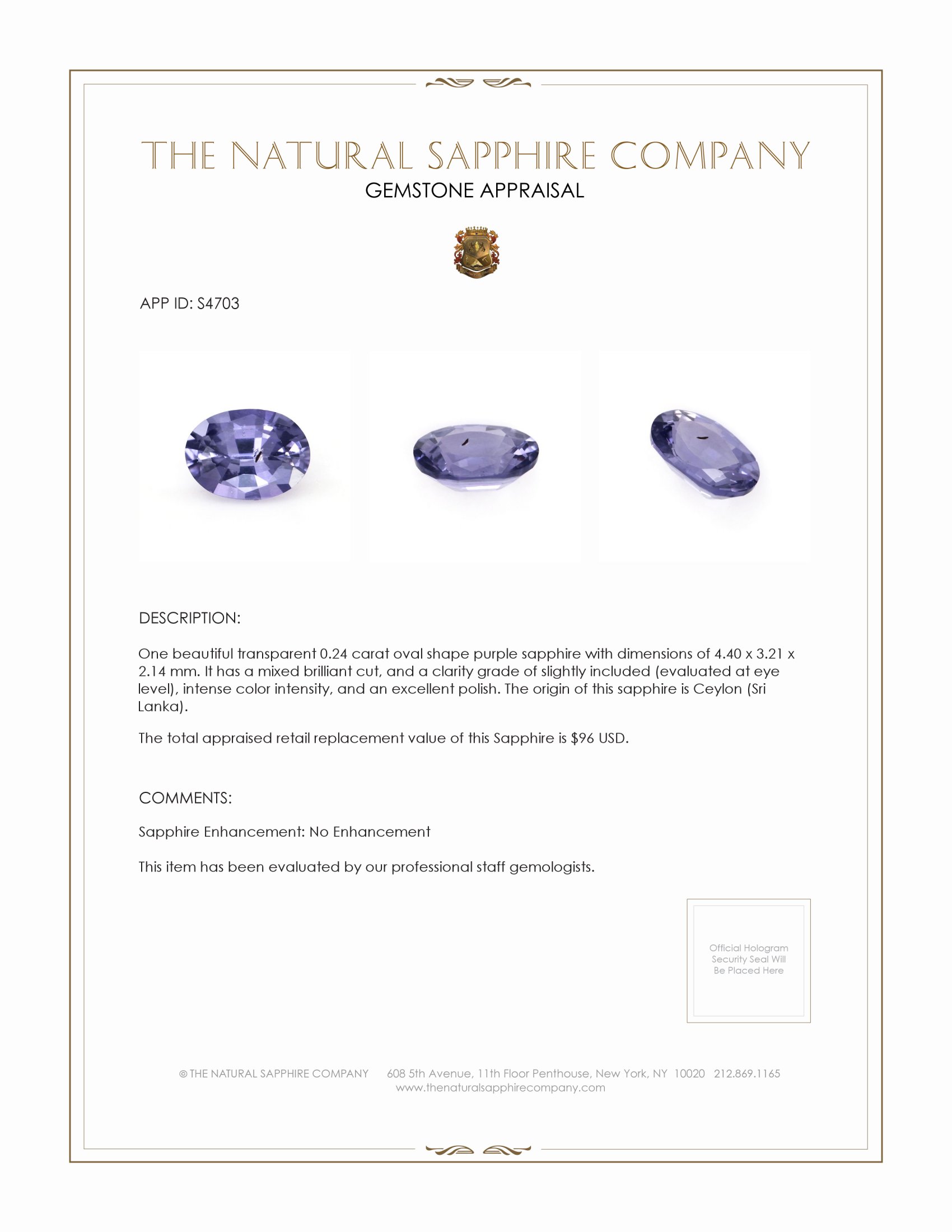 0.24 Ct. Purple Sapphire from Ceylon (Sri Lanka)