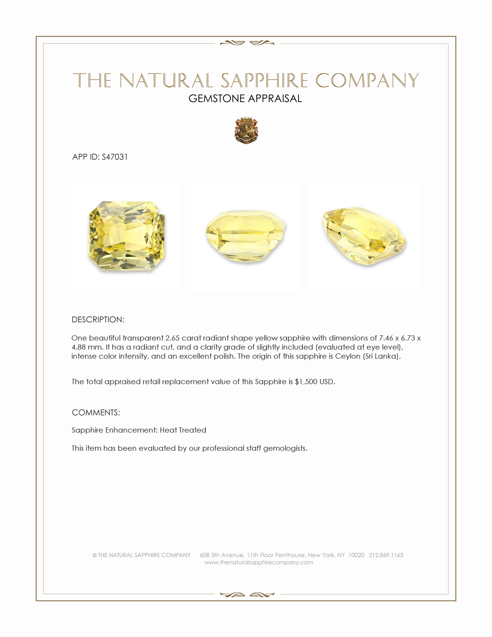 2.65 Ct. Yellow Sapphire from Ceylon (Sri Lanka)