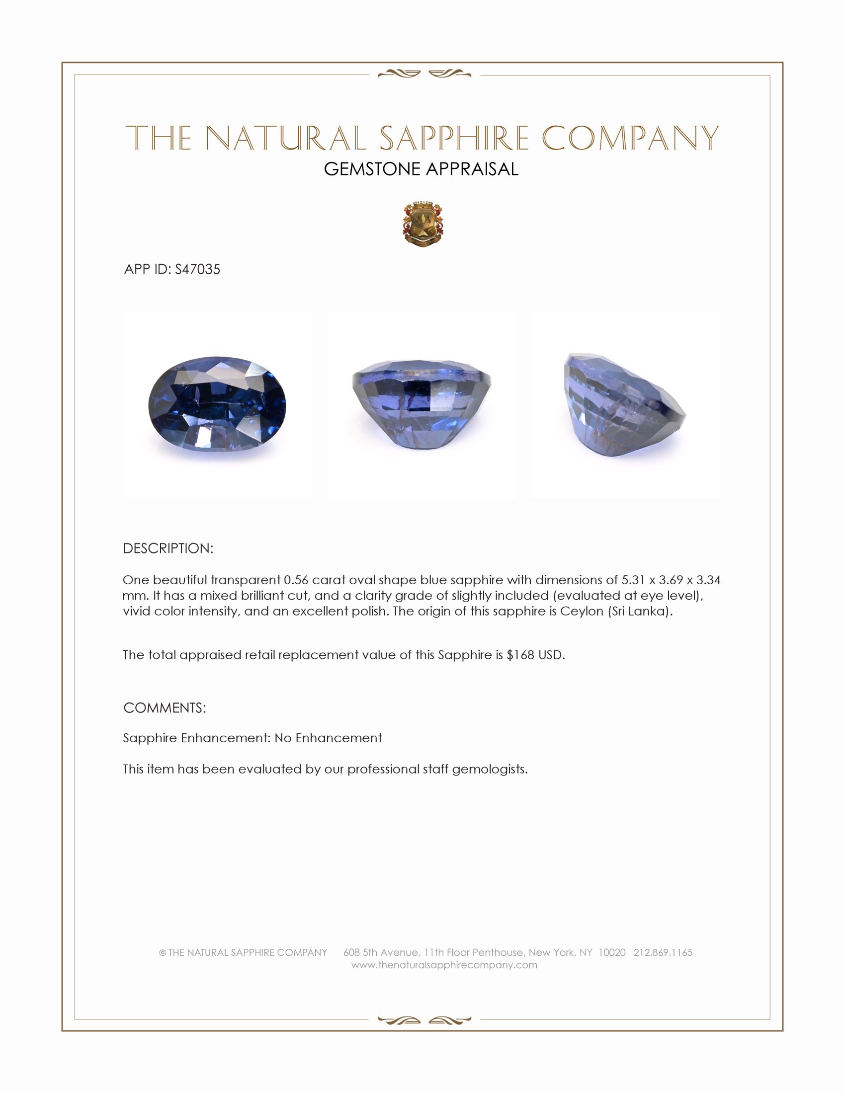 0.56 Ct. Blue Sapphire from Ceylon (Sri Lanka)
