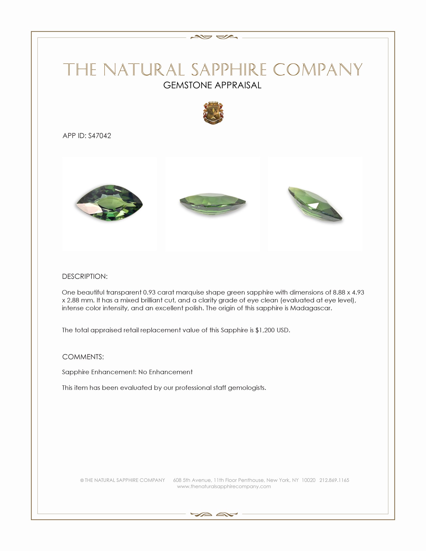 0.93 Ct. Green Sapphire from Madagascar