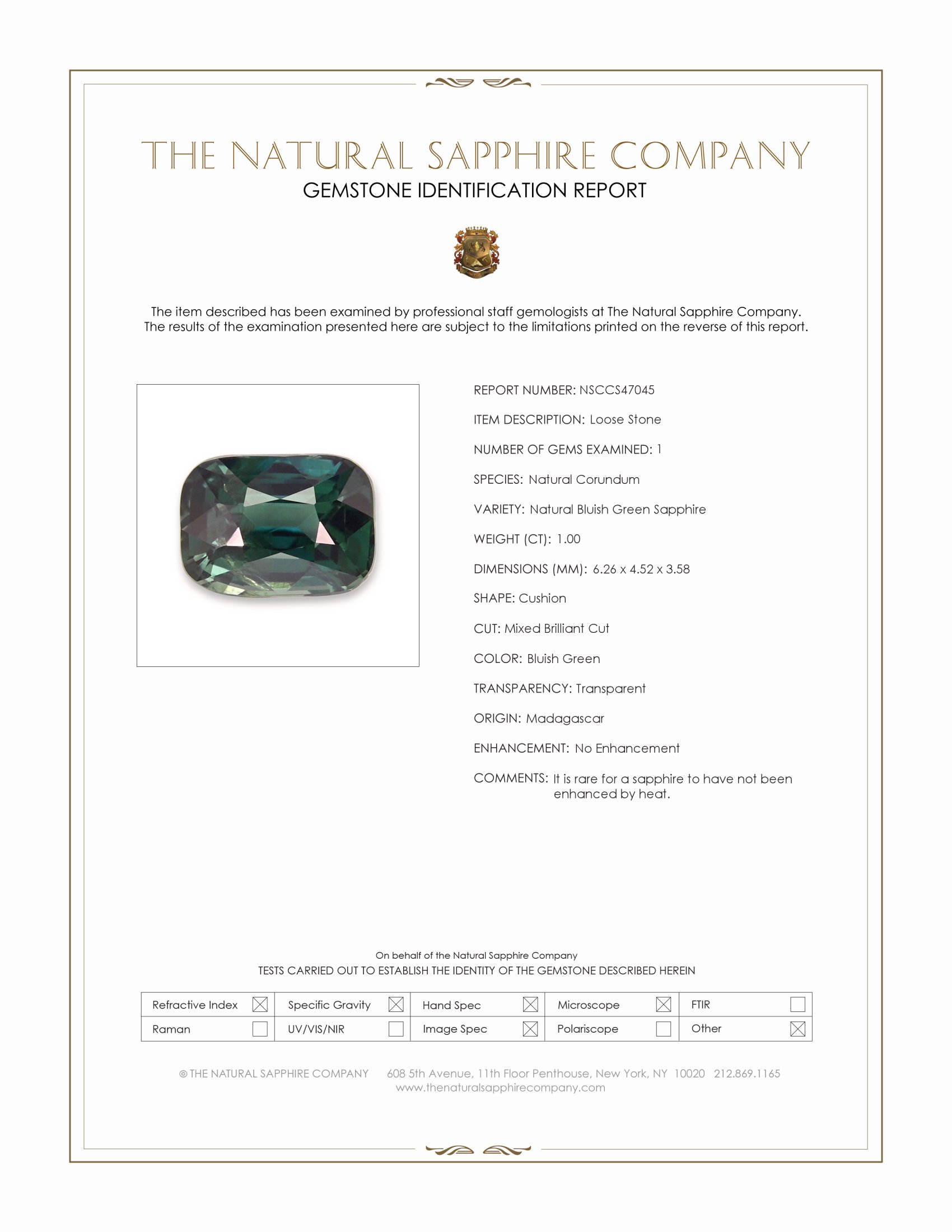 1.00 Ct. Bluish Green Sapphire from Madagascar