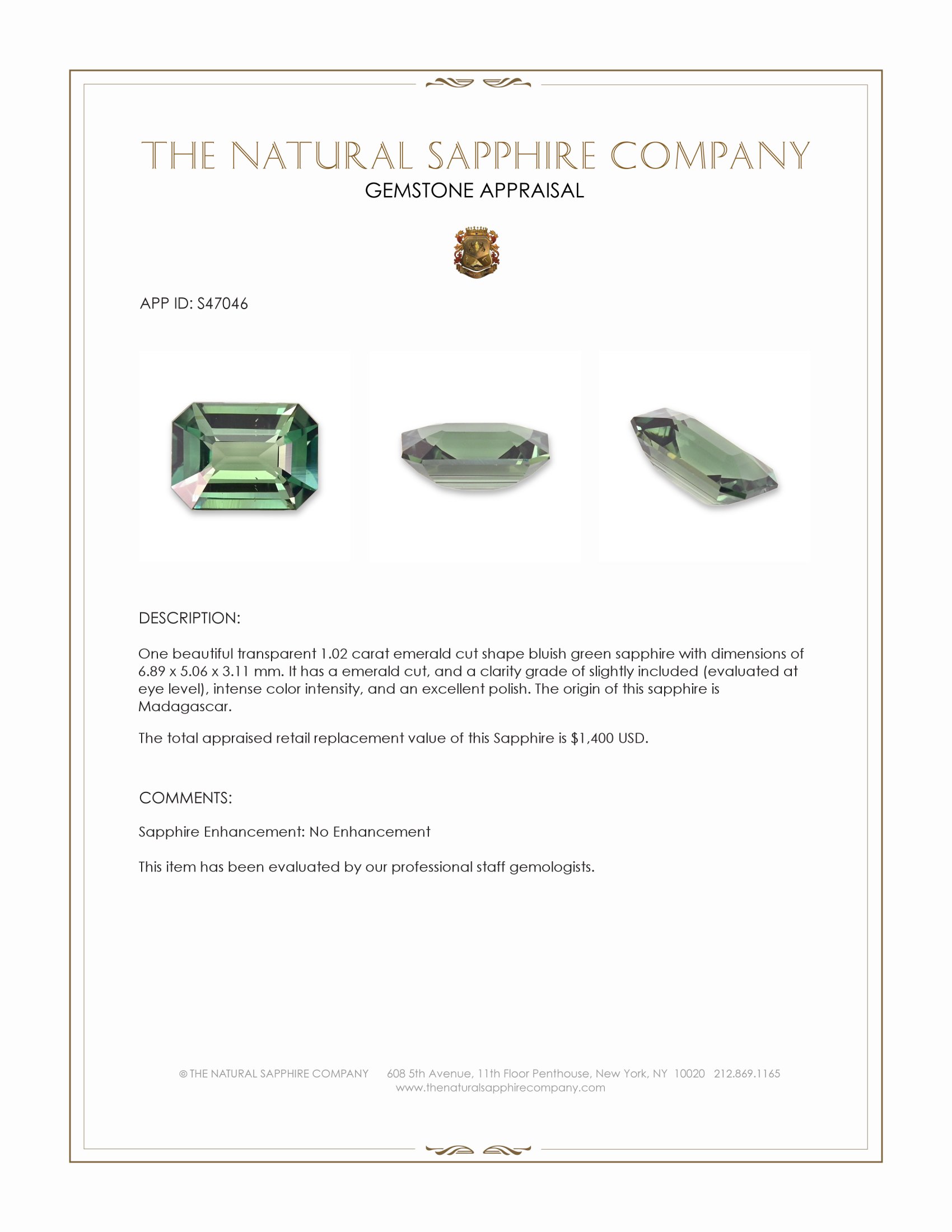 1.02 Ct. Bluish Green Sapphire from Madagascar