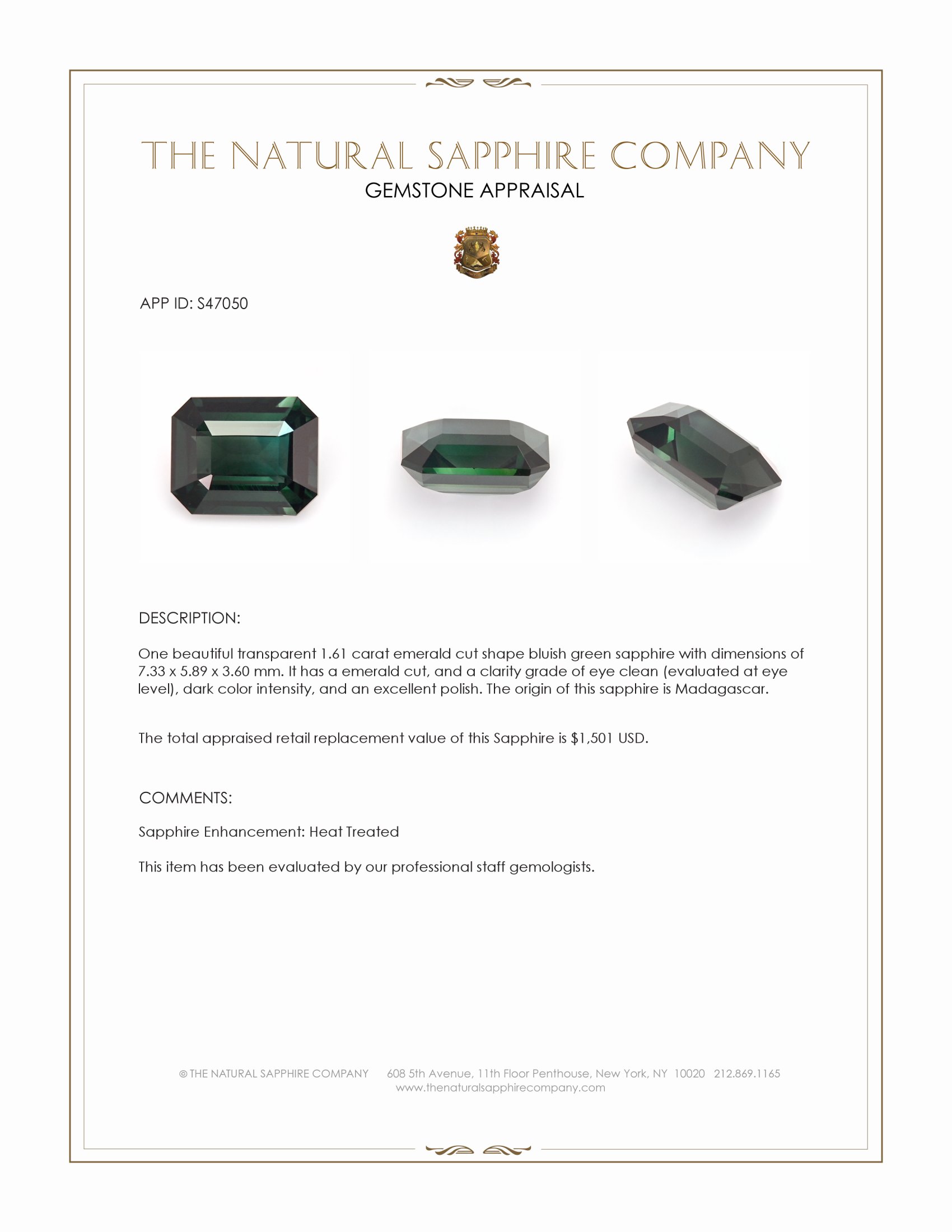 1.61 Ct. Bluish Green Sapphire from Madagascar