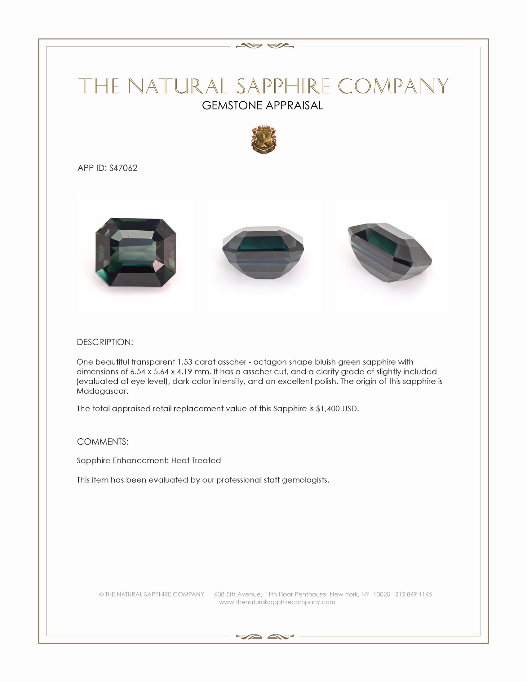 1.53 Ct. Bluish Green Sapphire from Madagascar