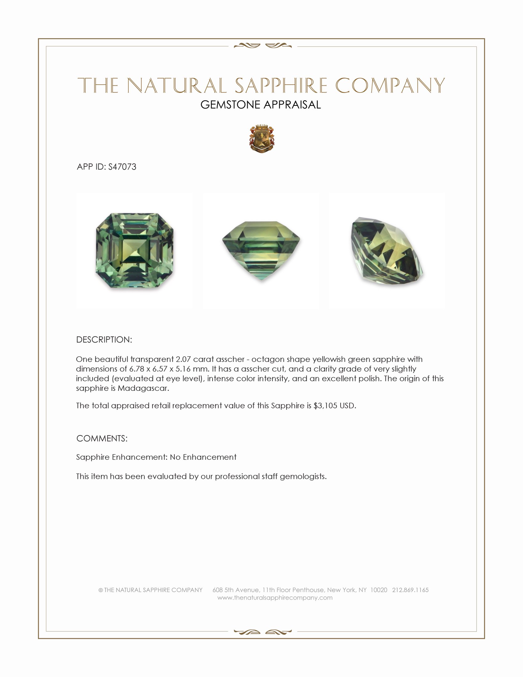 2.07 Ct. Yellowish Green Sapphire from Madagascar