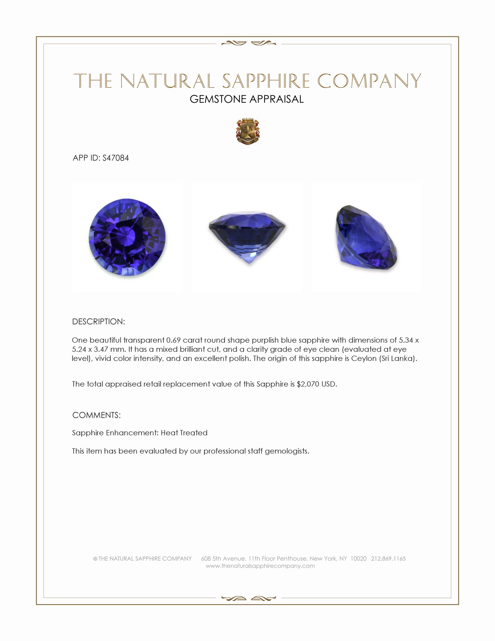 0.69 Ct. Purplish Blue Sapphire from Ceylon (Sri Lanka)