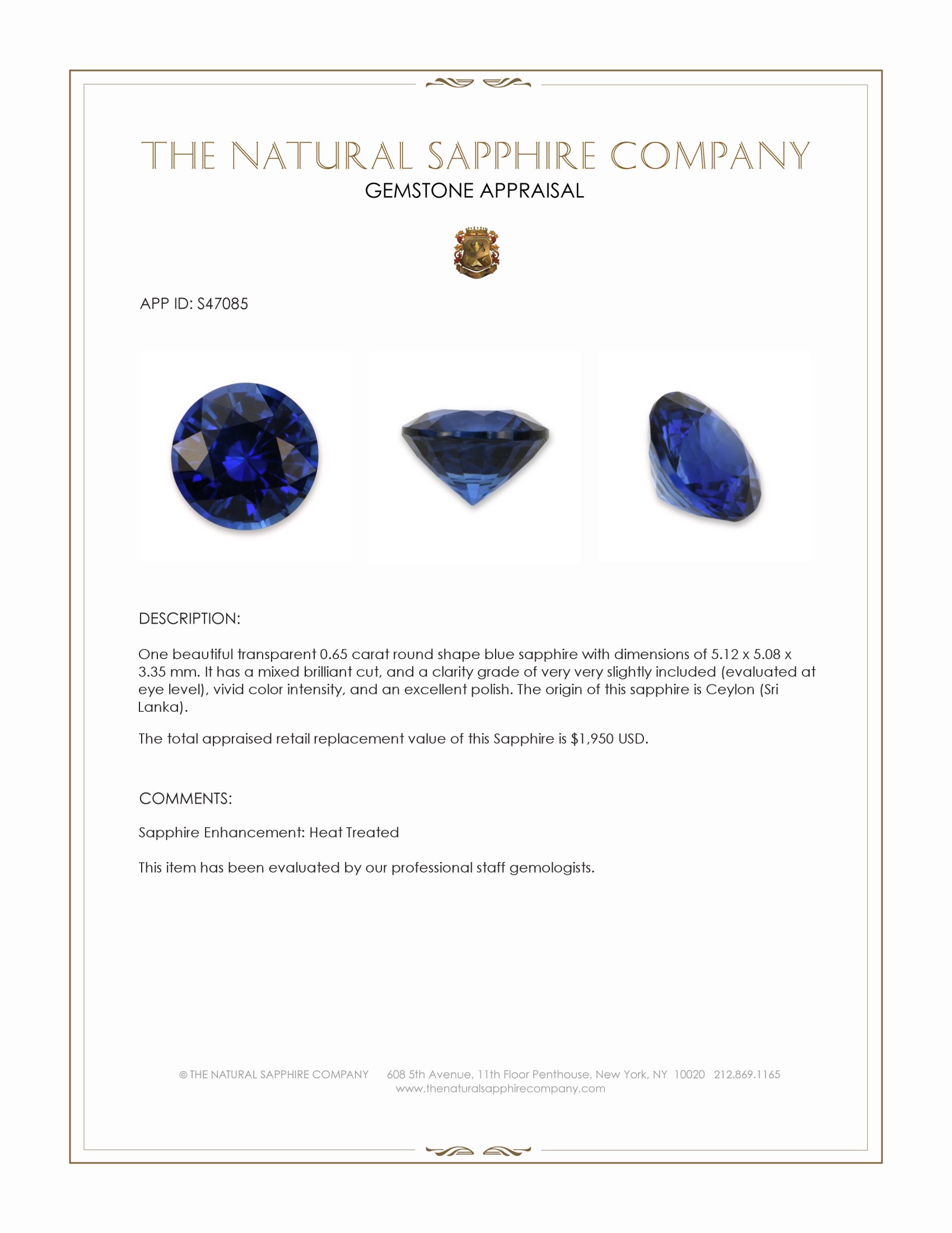 0.65 Ct. Blue Sapphire from Ceylon (Sri Lanka)