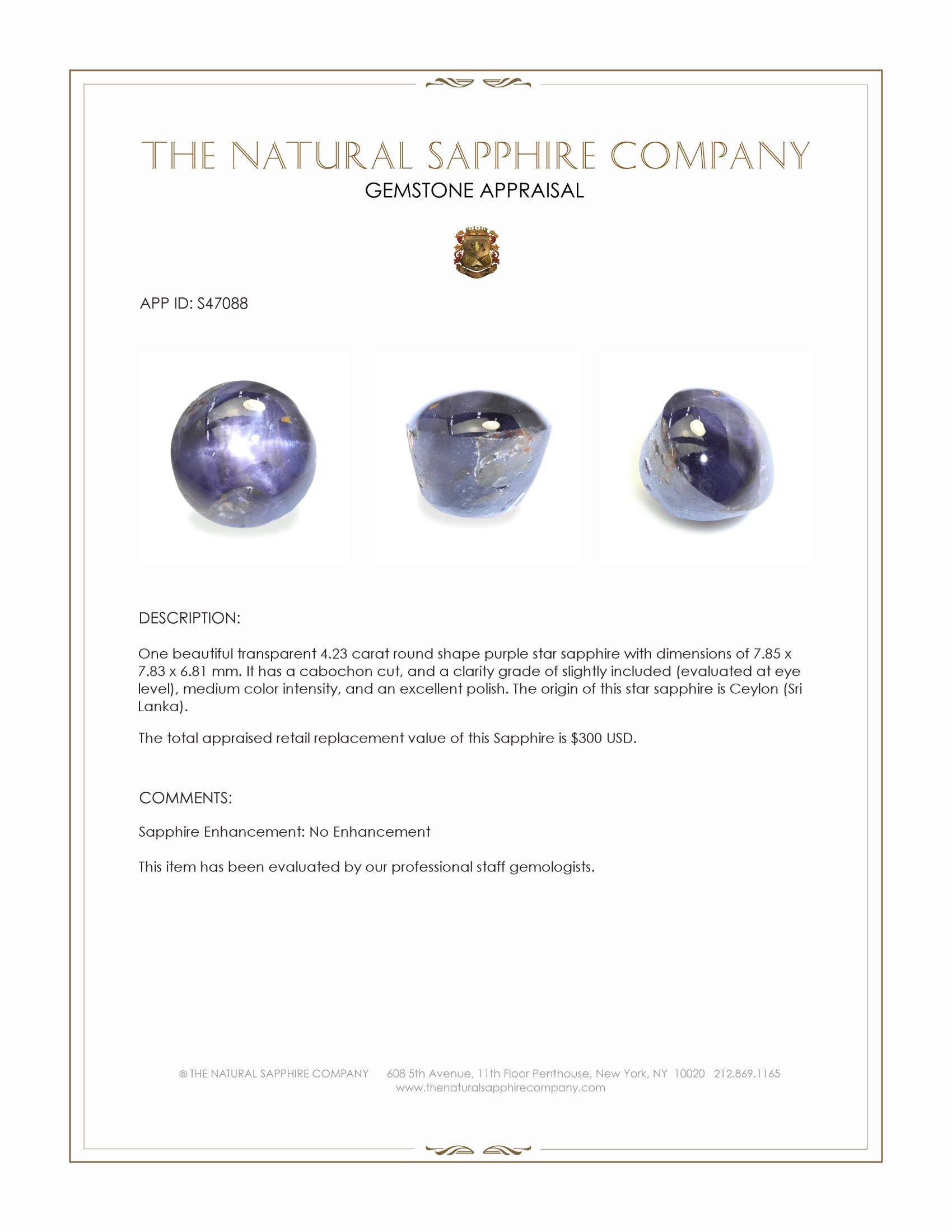 4.23 Ct. Purple Star Sapphire from Ceylon (Sri Lanka)