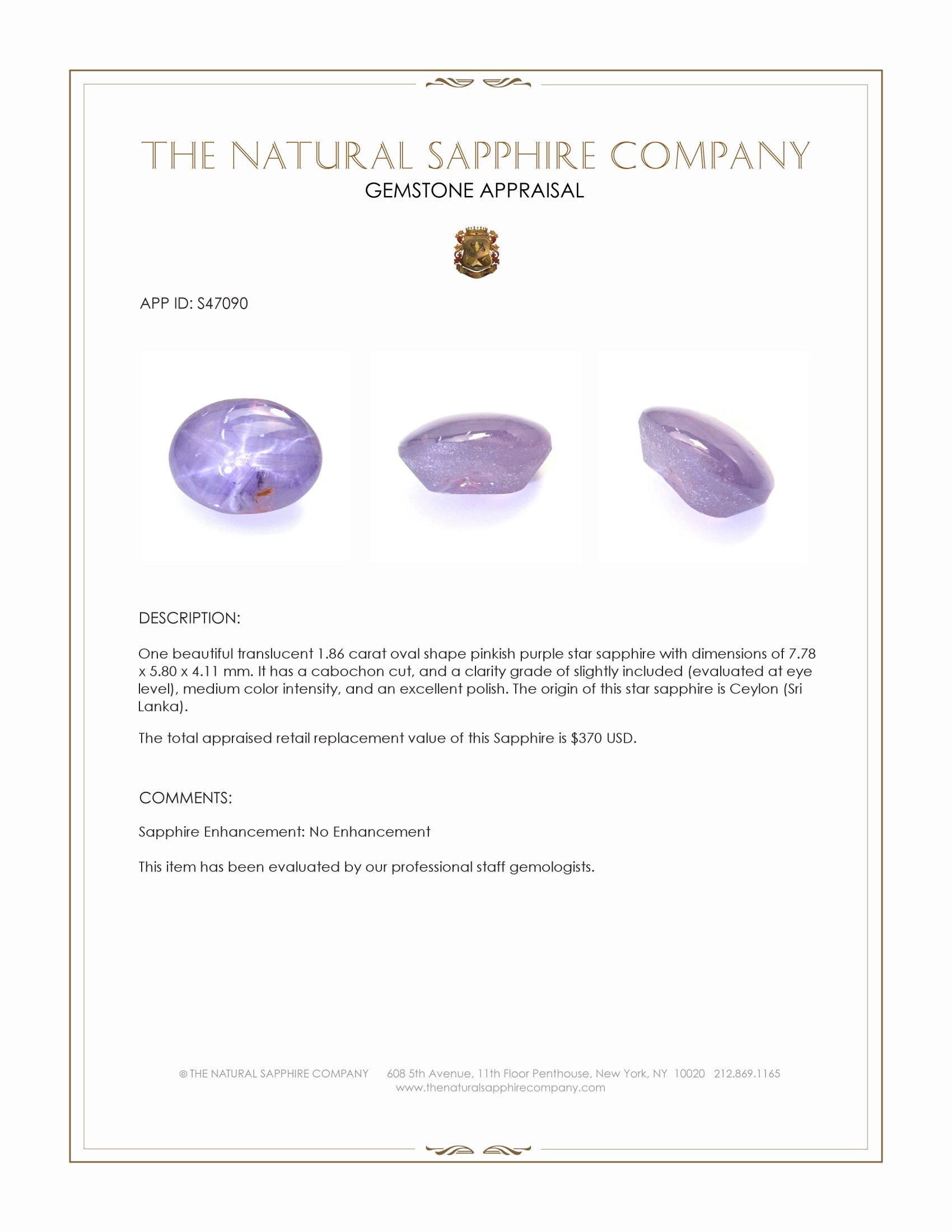 1.86 Ct. Pinkish Purple Star Sapphire from Ceylon (Sri Lanka)