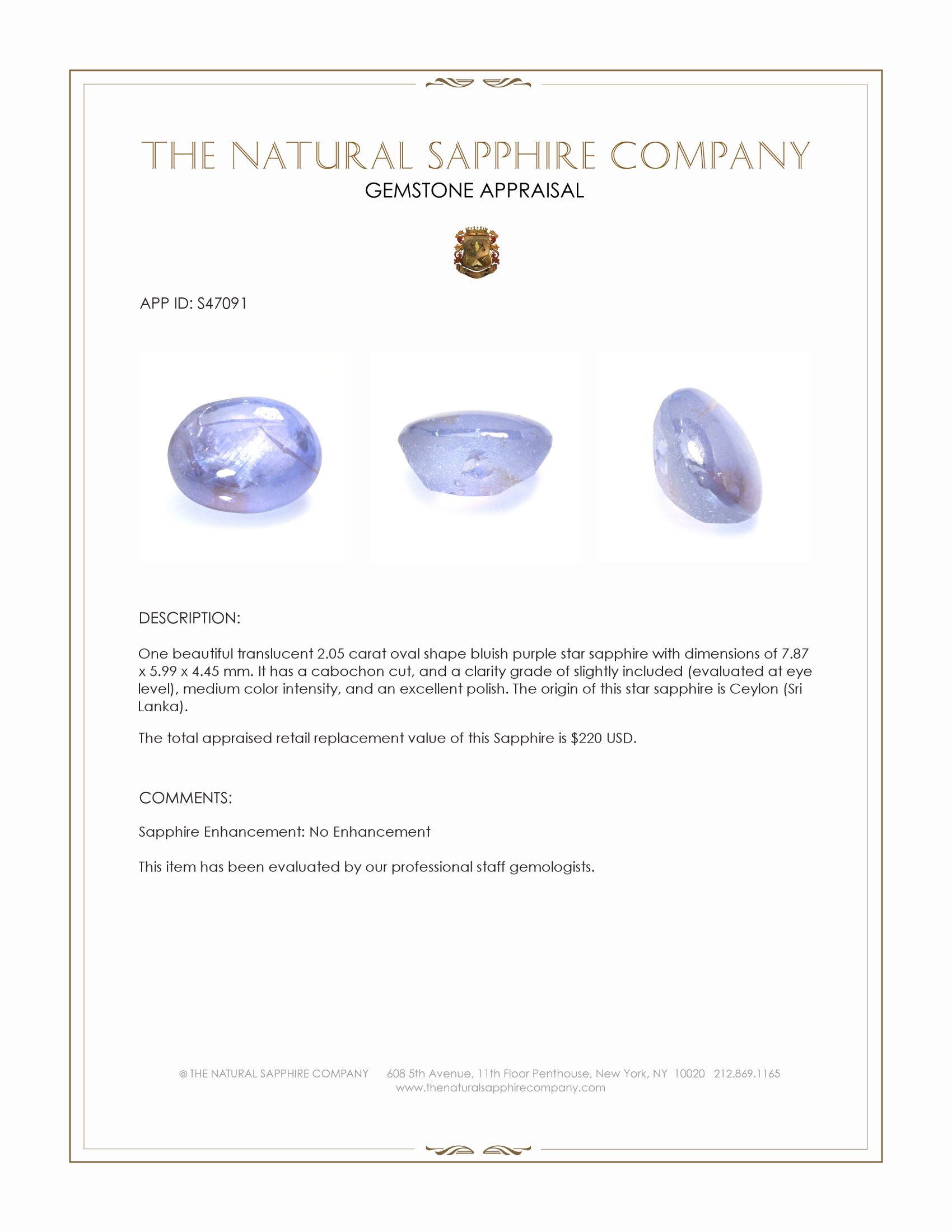 2.05 Ct. Bluish Purple Star Sapphire from Ceylon (Sri Lanka)
