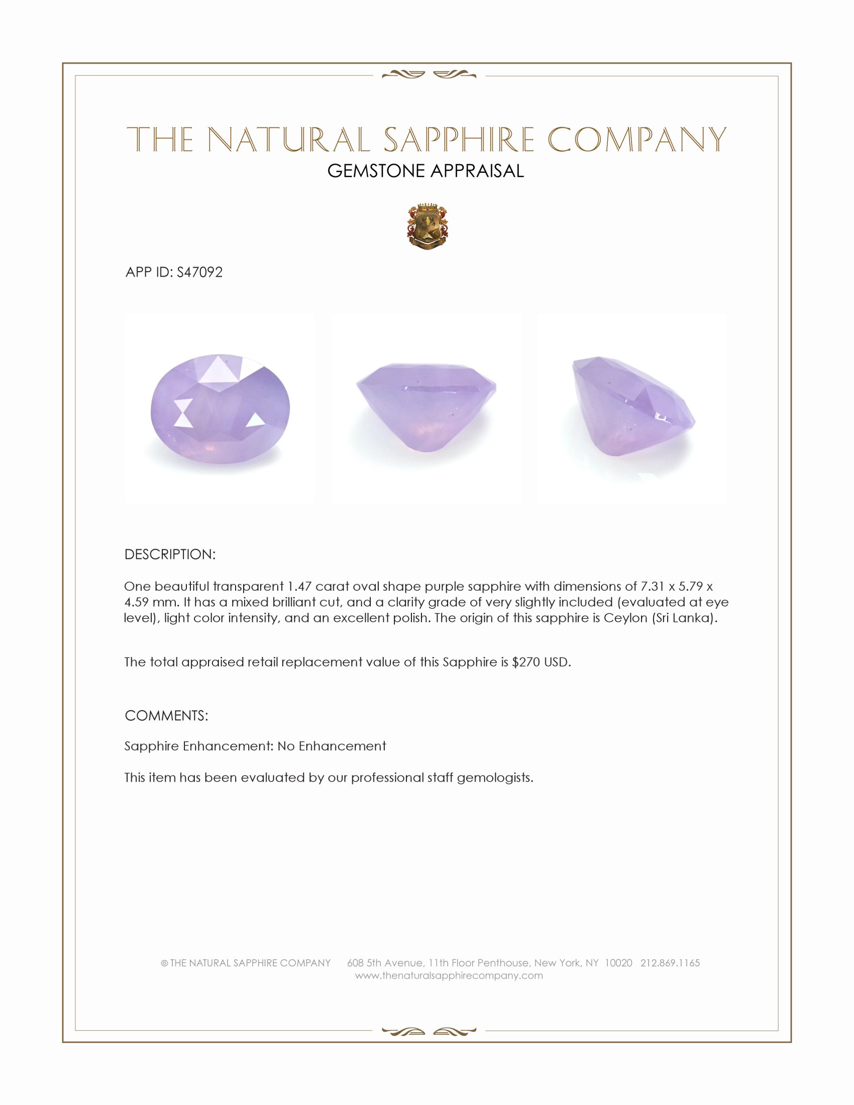 1.47 Ct. Purple Sapphire from Ceylon (Sri Lanka)