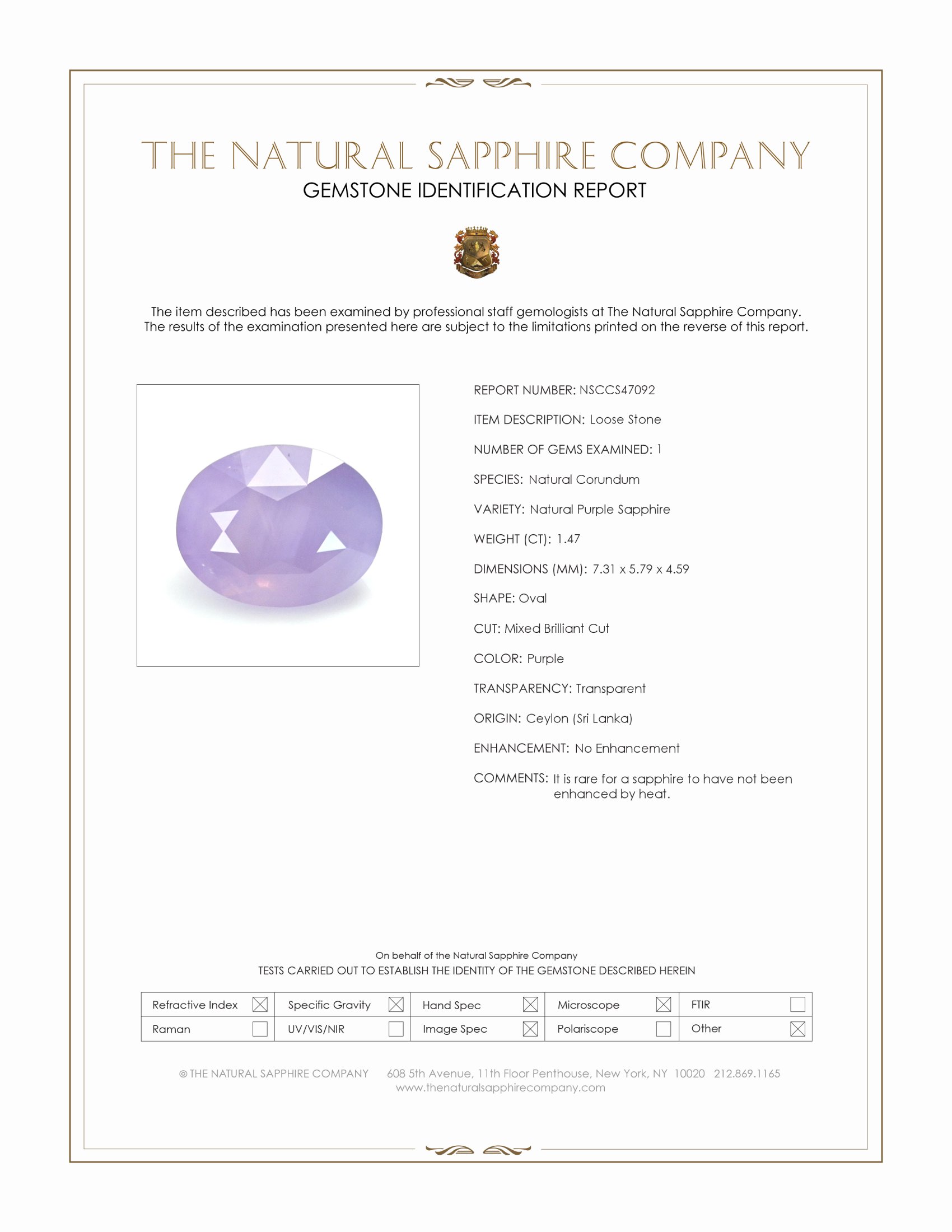 1.47 Ct. Purple Sapphire from Ceylon (Sri Lanka)
