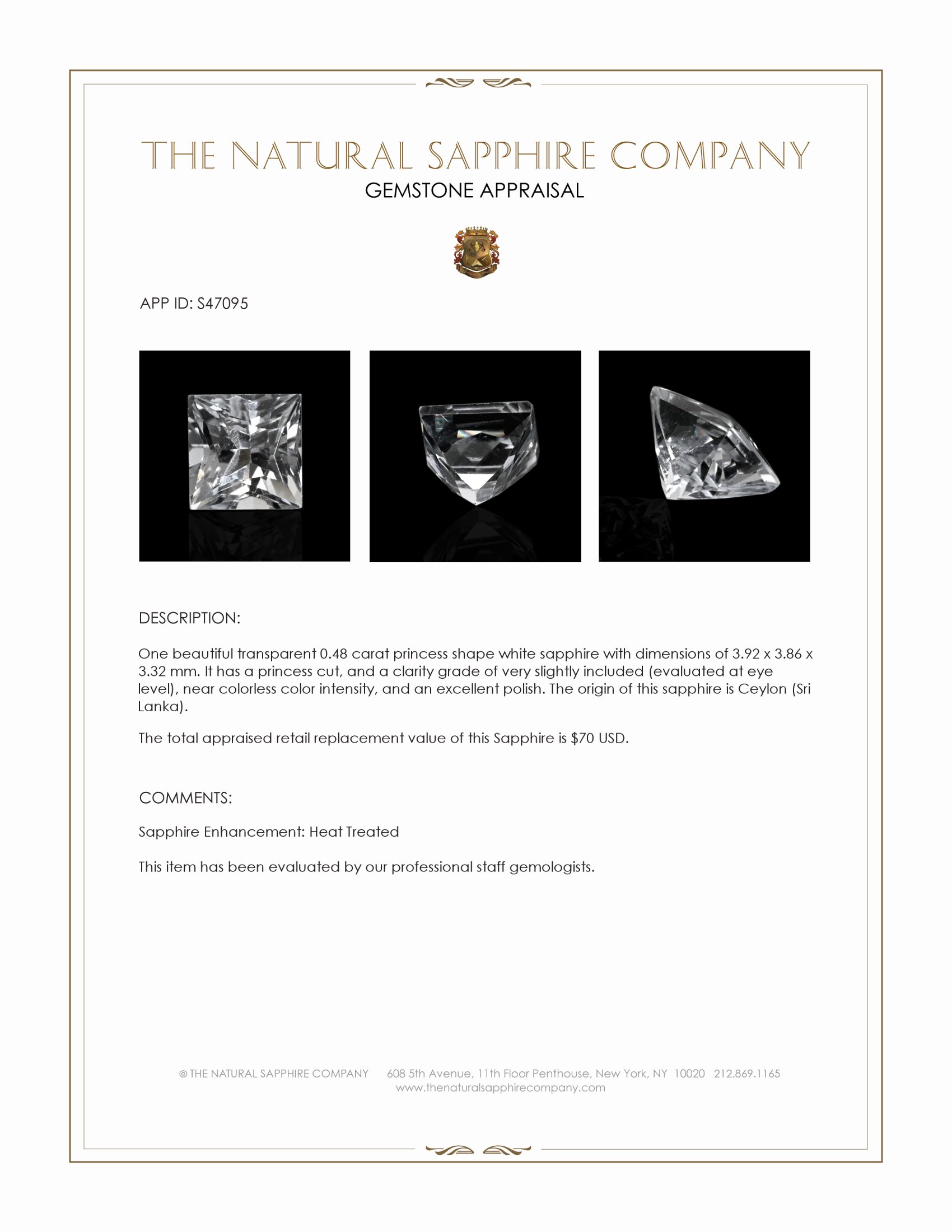 0.48 Ct. White Sapphire from Ceylon (Sri Lanka)