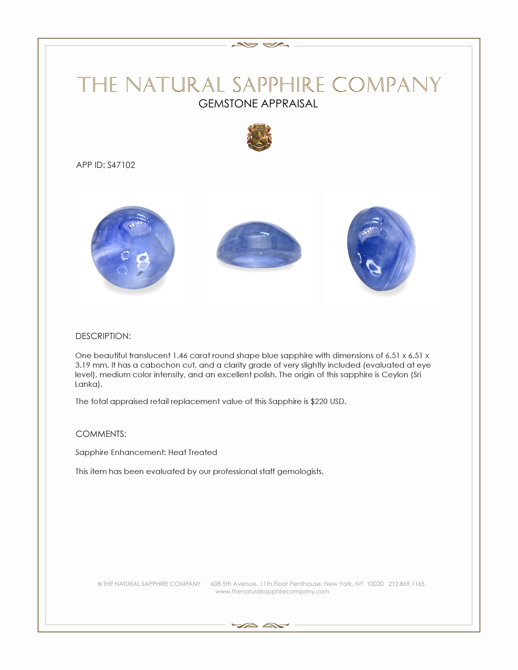 1.46 Ct. Blue Cabochon Sapphire from Ceylon (Sri Lanka)