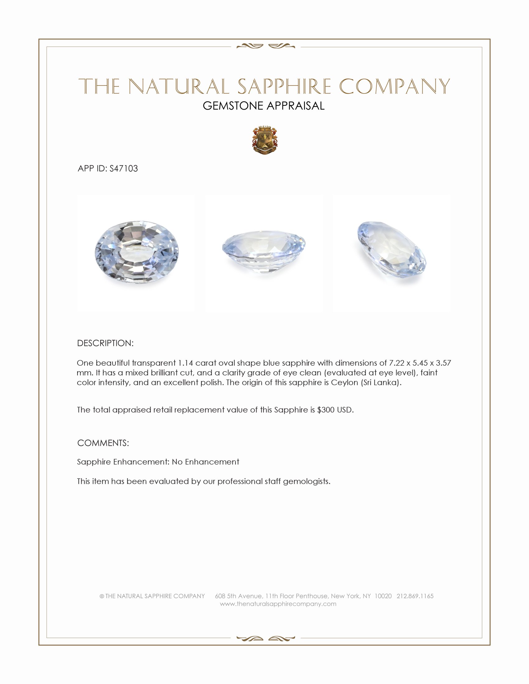 1.14 Ct. Blue Sapphire from Ceylon (Sri Lanka)