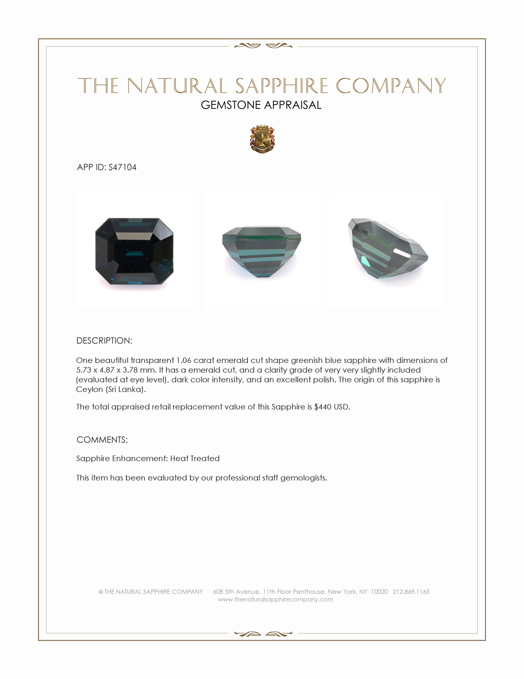 1.06 Ct. Greenish Blue Sapphire from Ceylon (Sri Lanka)