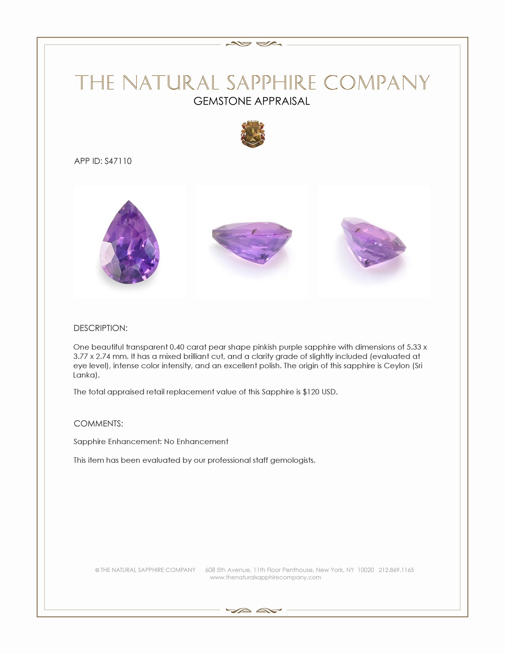 0.40 Ct. Pinkish Purple Sapphire from Ceylon (Sri Lanka)