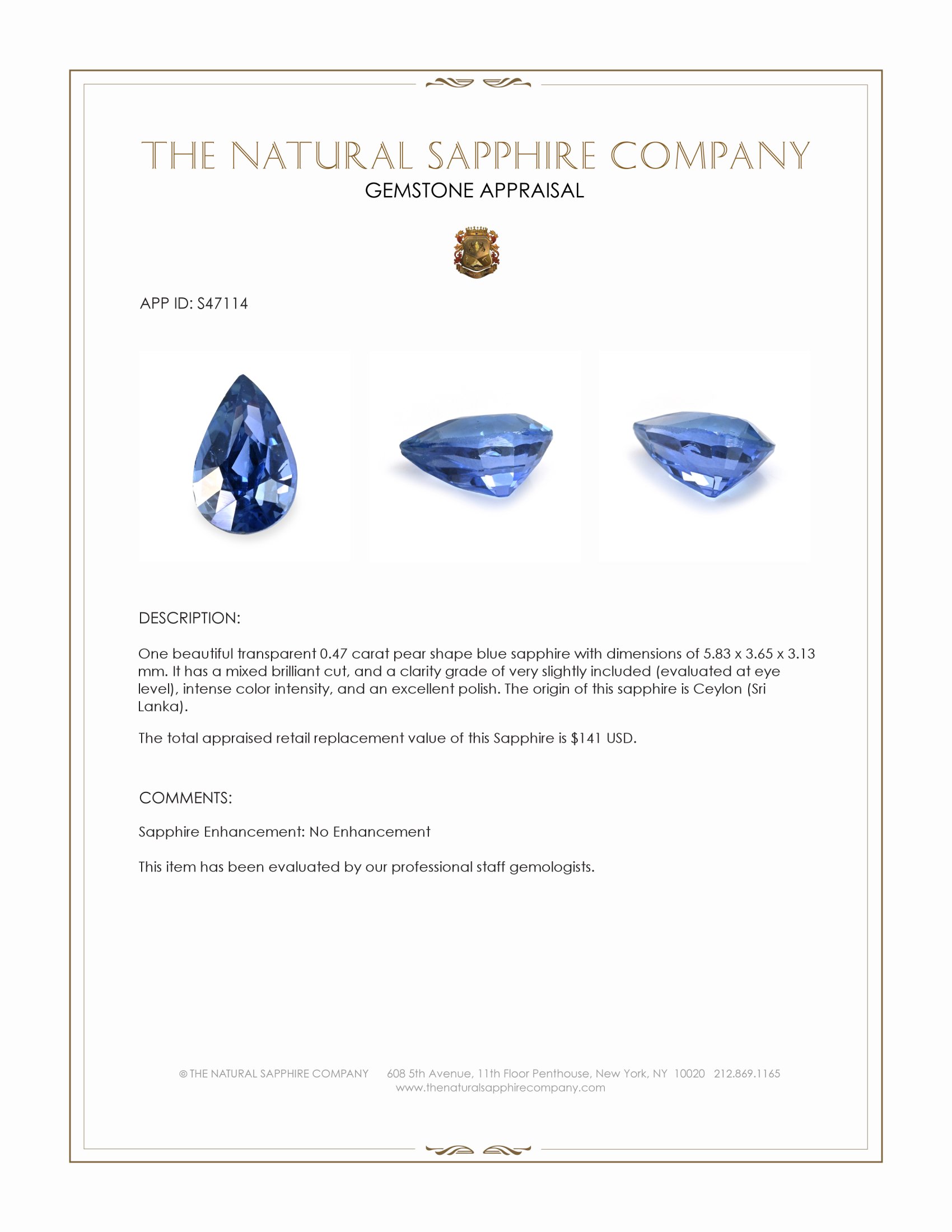 0.47 Ct. Blue Sapphire from Ceylon (Sri Lanka)