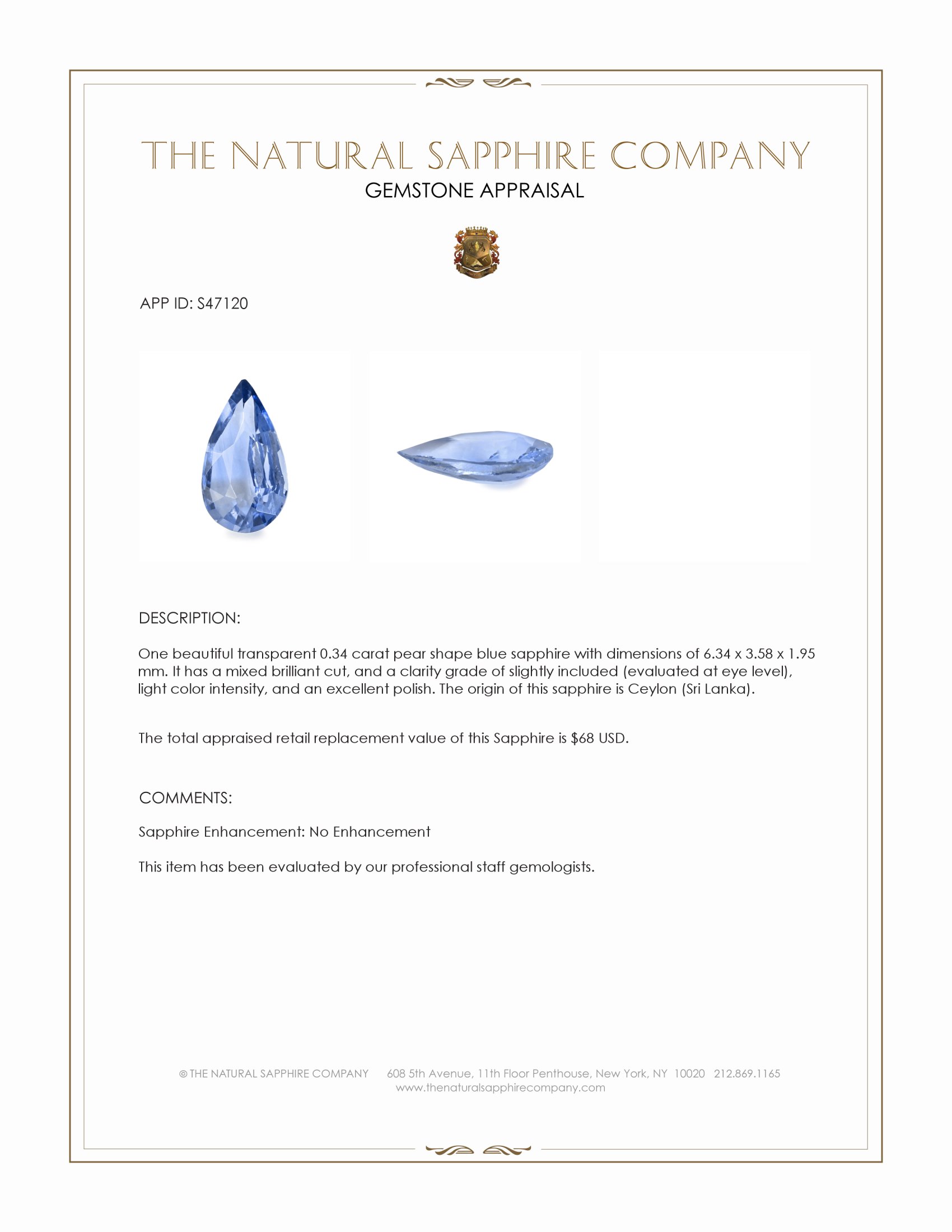 0.34 Ct. Blue Sapphire from Ceylon (Sri Lanka)
