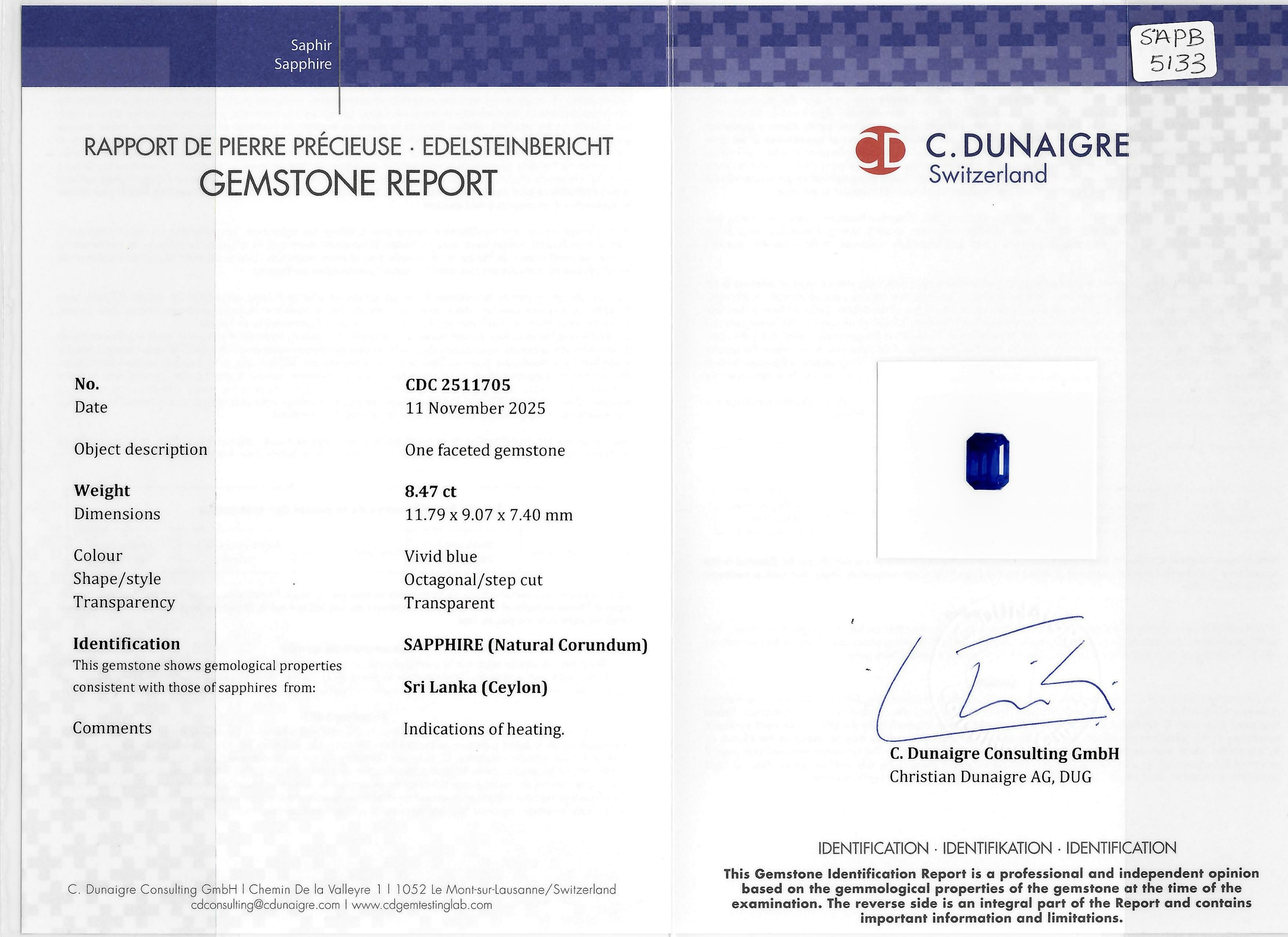 8.47 Ct. Blue Sapphire from Ceylon (Sri Lanka)