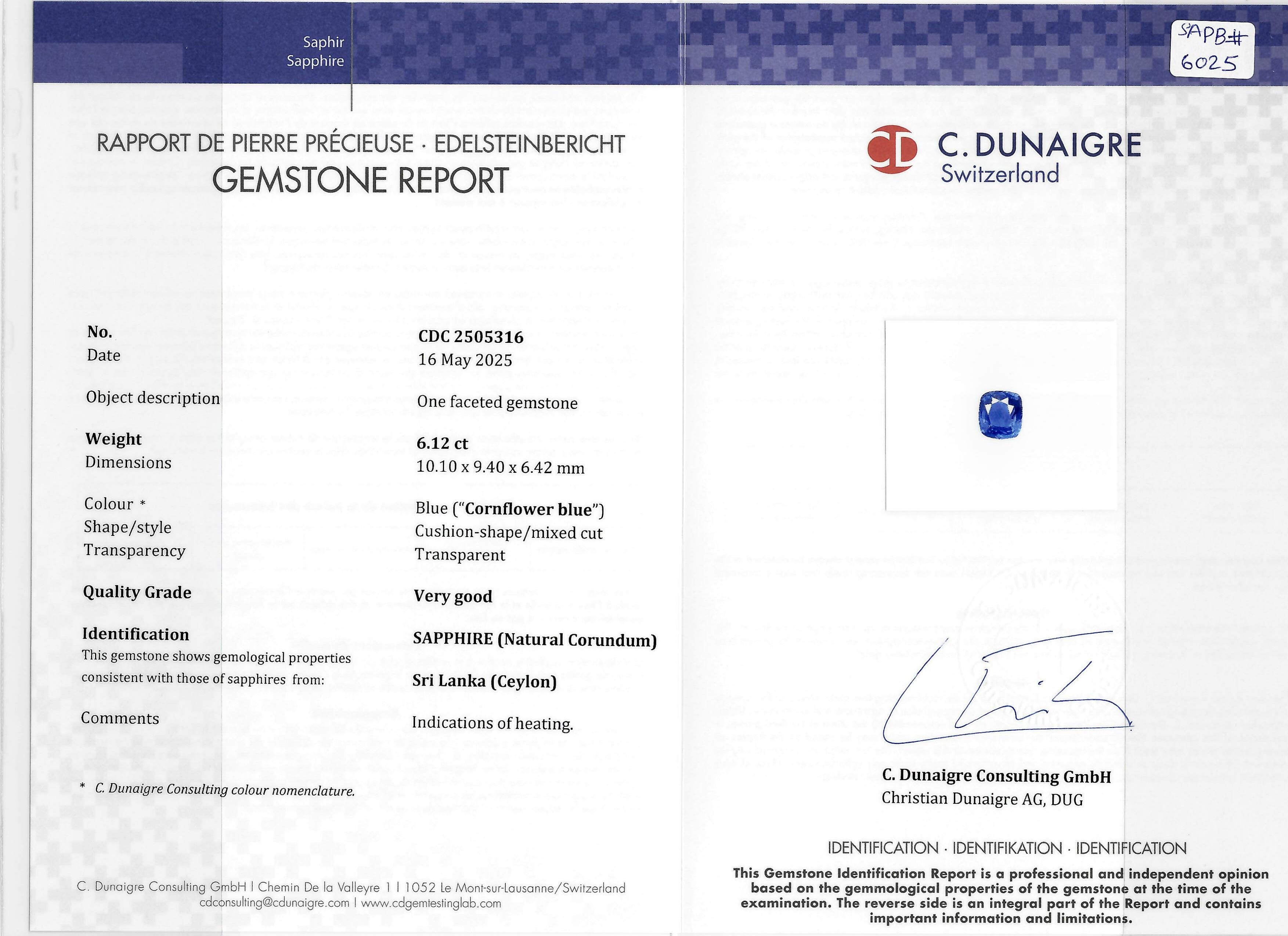 6.12 Ct. Blue Sapphire from Ceylon (Sri Lanka)