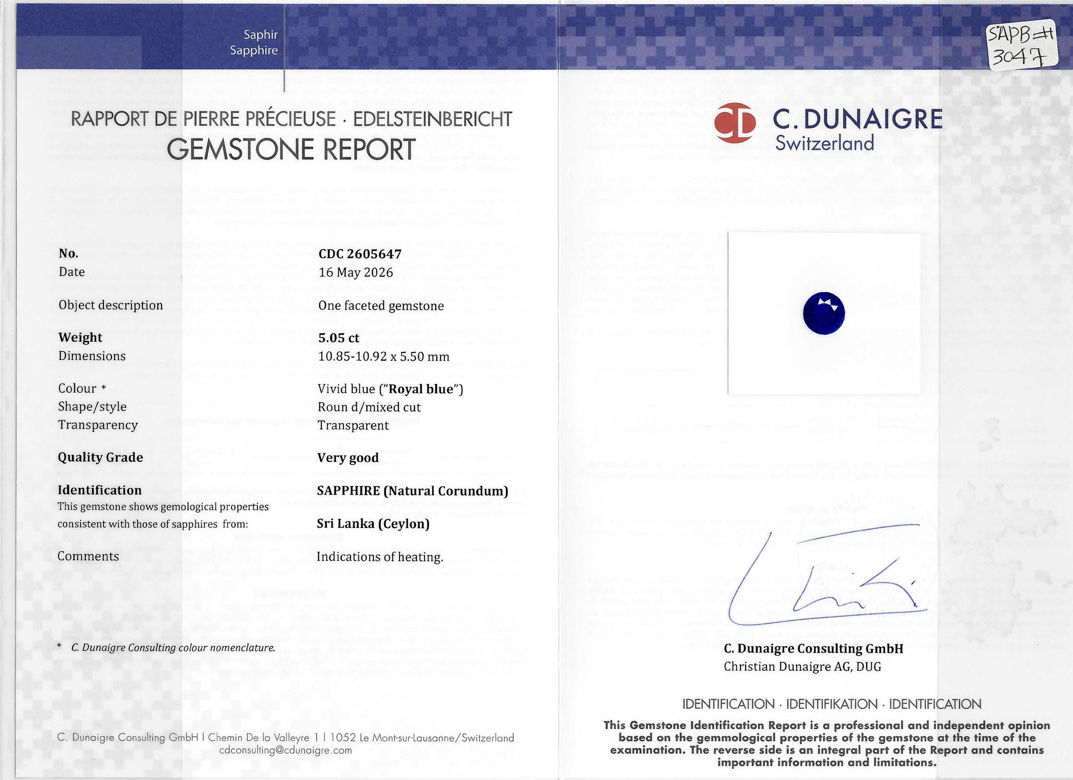 5.05 Ct. Blue Sapphire from Ceylon (Sri Lanka)