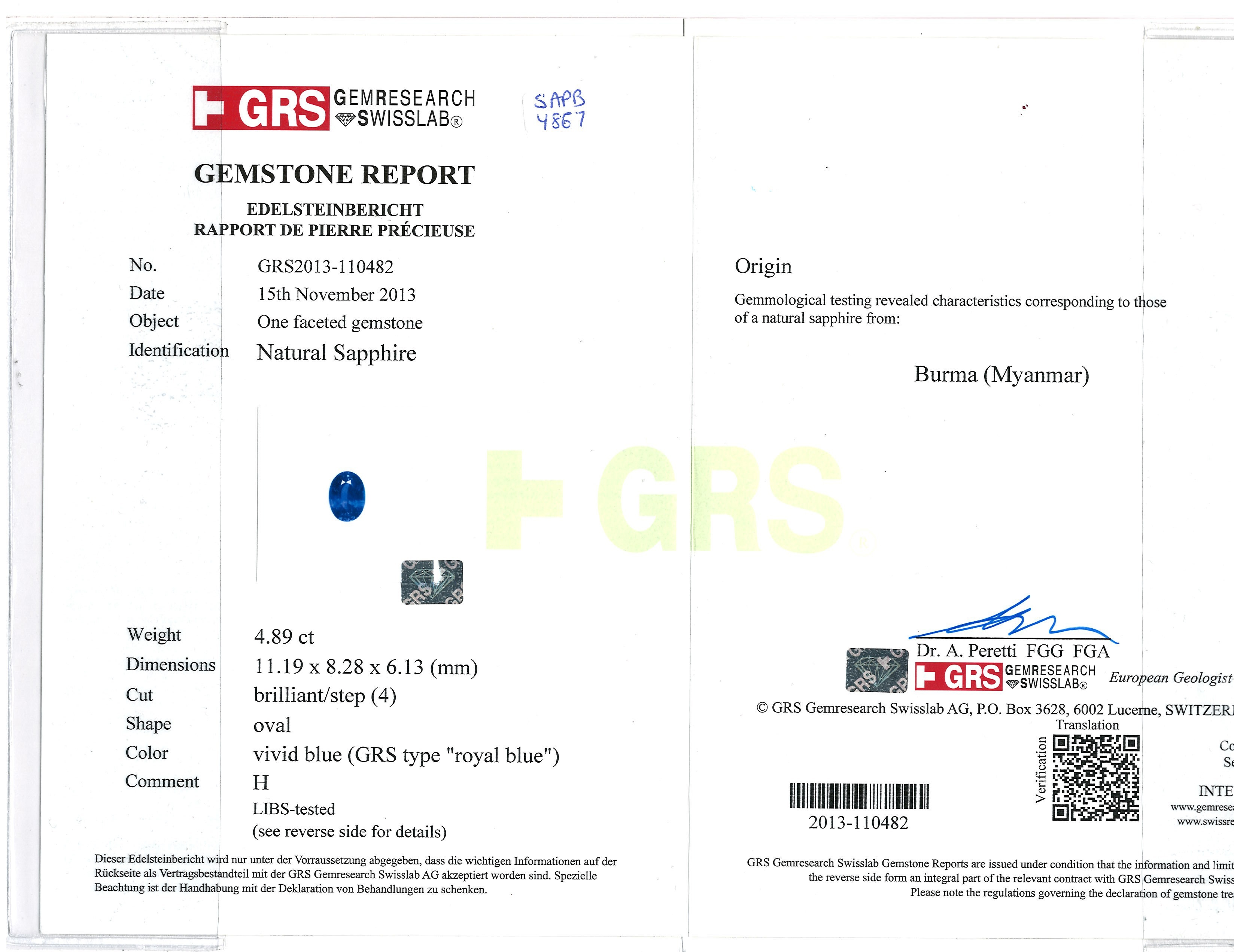 4.89 Ct. Blue Sapphire from Burma (Myanmar)