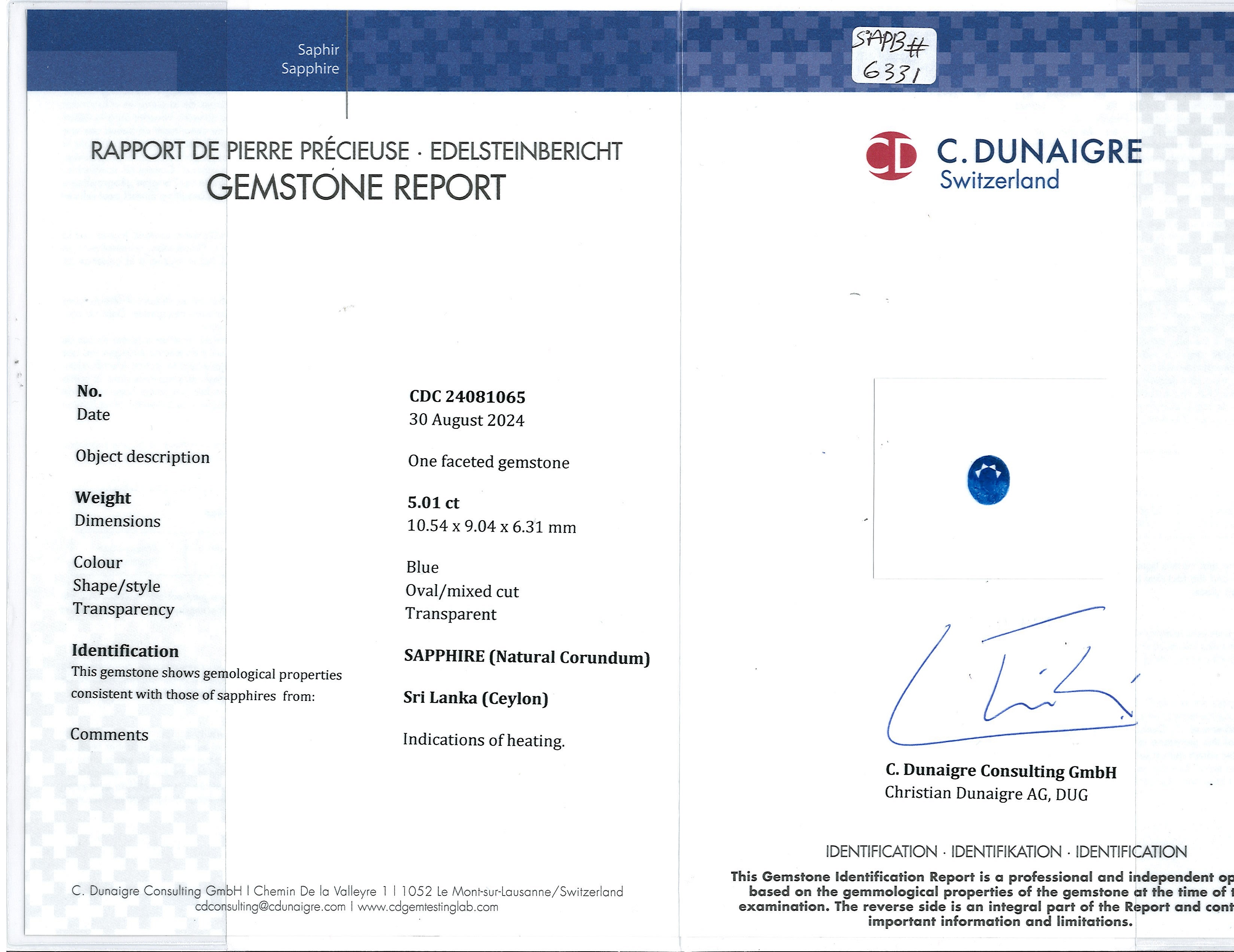 5.01 Ct. Blue Sapphire from Ceylon (Sri Lanka)