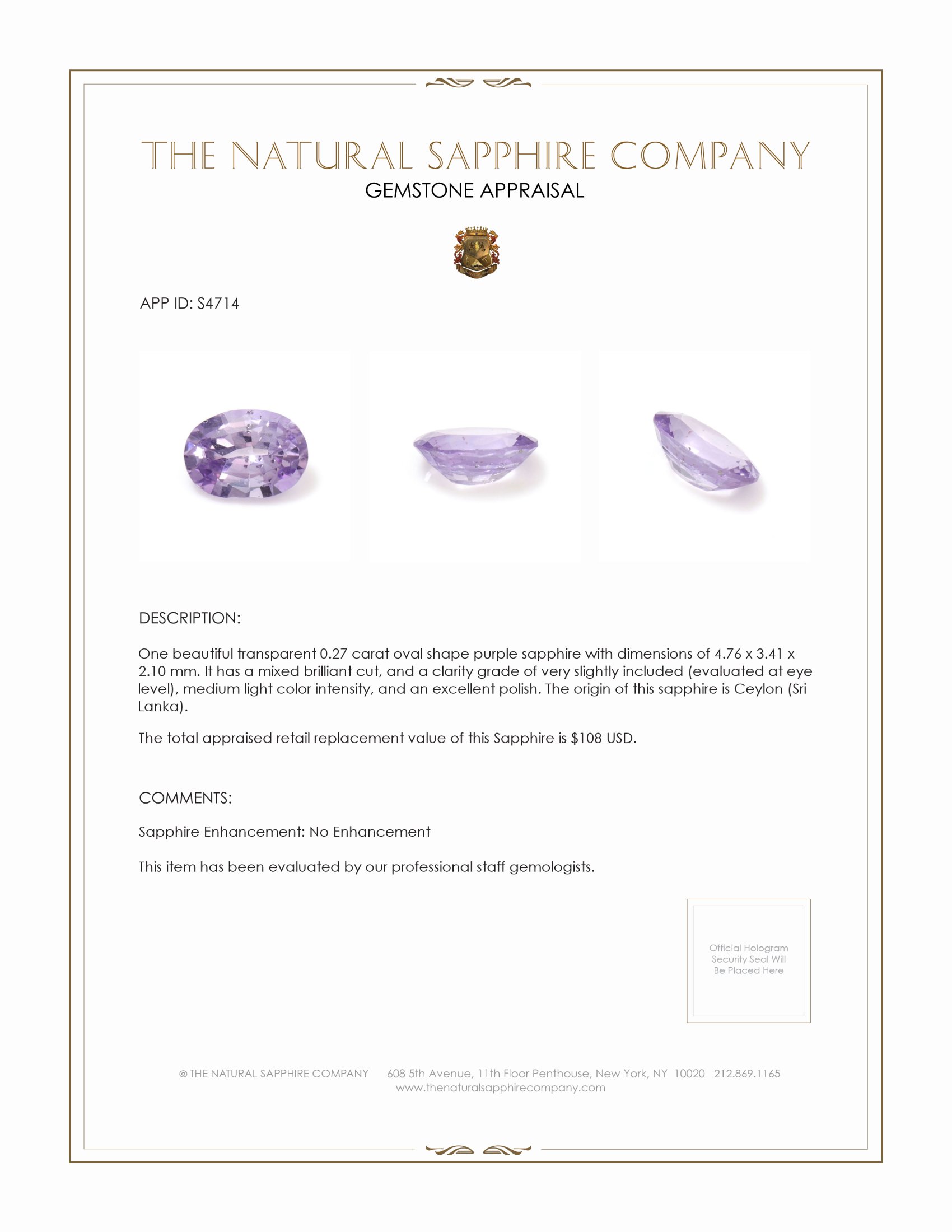 0.27 Ct. Purple Sapphire from Ceylon (Sri Lanka)