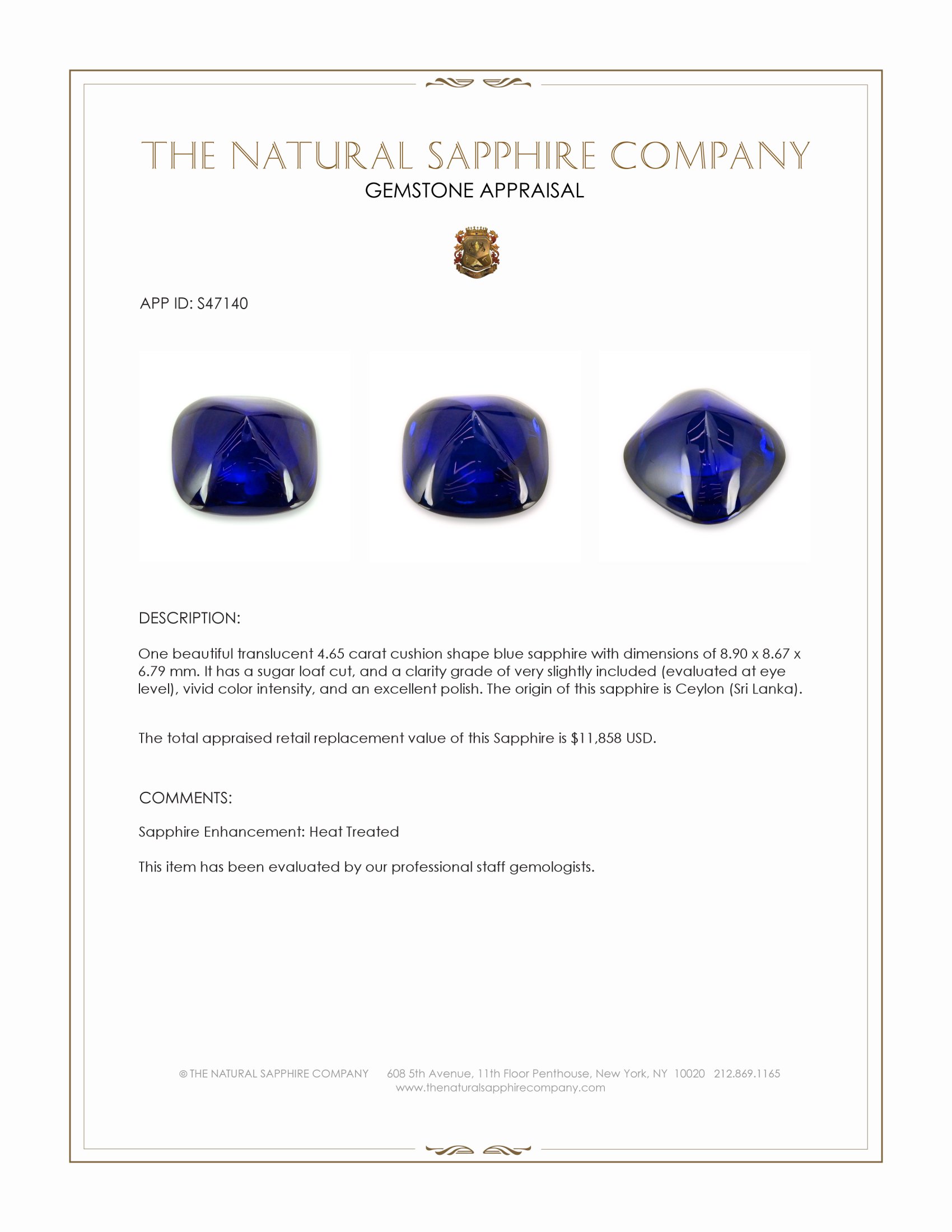 4.65 Ct. Blue Cabochon Sapphire from Ceylon (Sri Lanka)