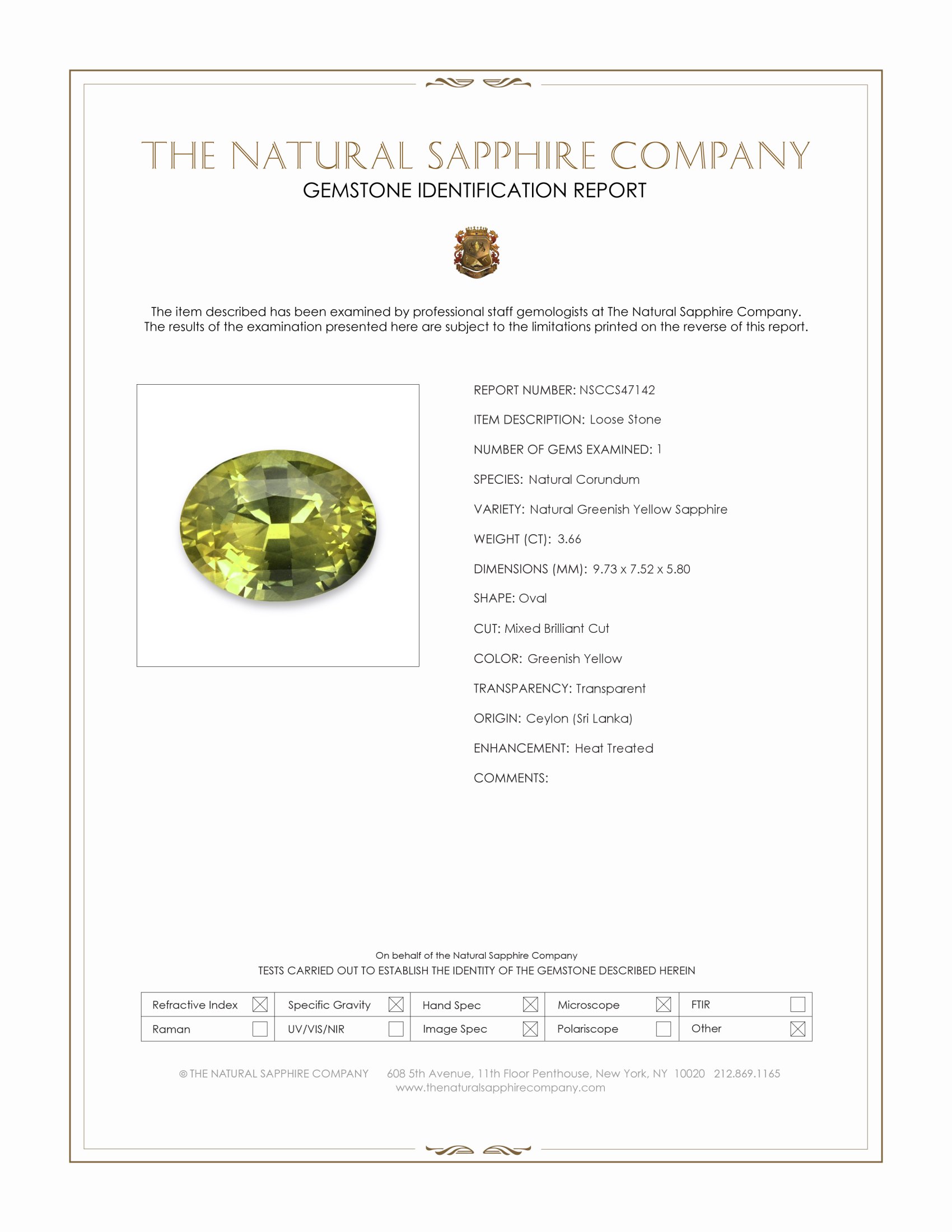 3.66 Ct. Greenish Yellow Sapphire from Ceylon (Sri Lanka)