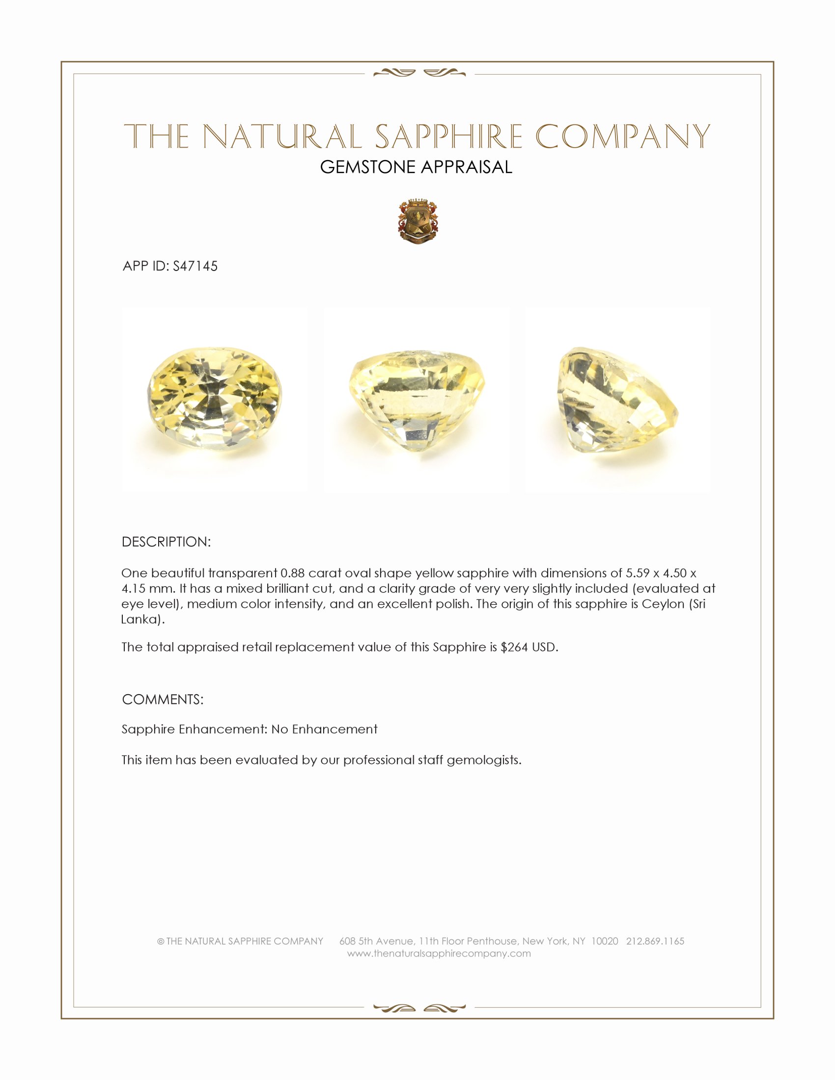 0.88 Ct. Yellow Sapphire from Ceylon (Sri Lanka)