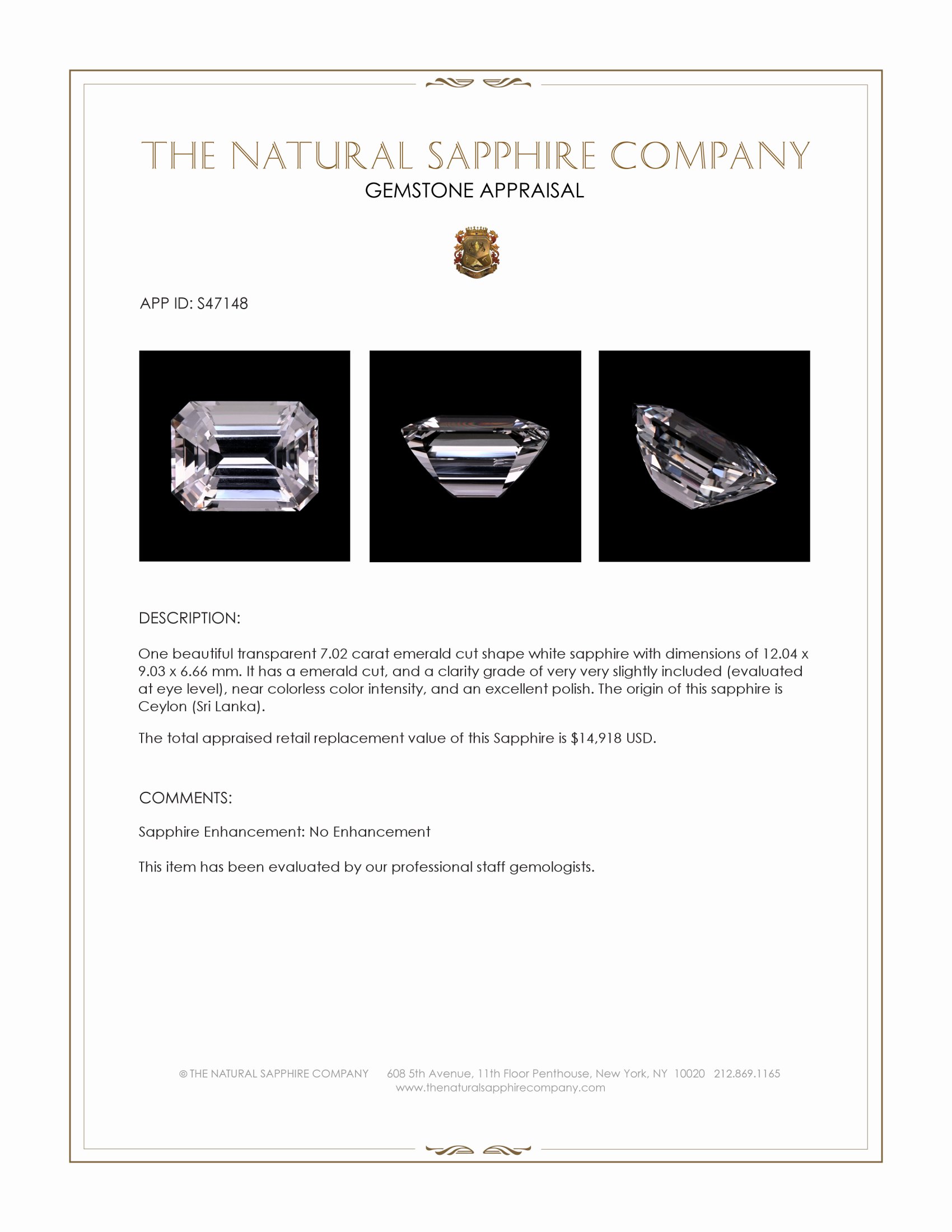 7.02 Ct. White Sapphire from Ceylon (Sri Lanka)
