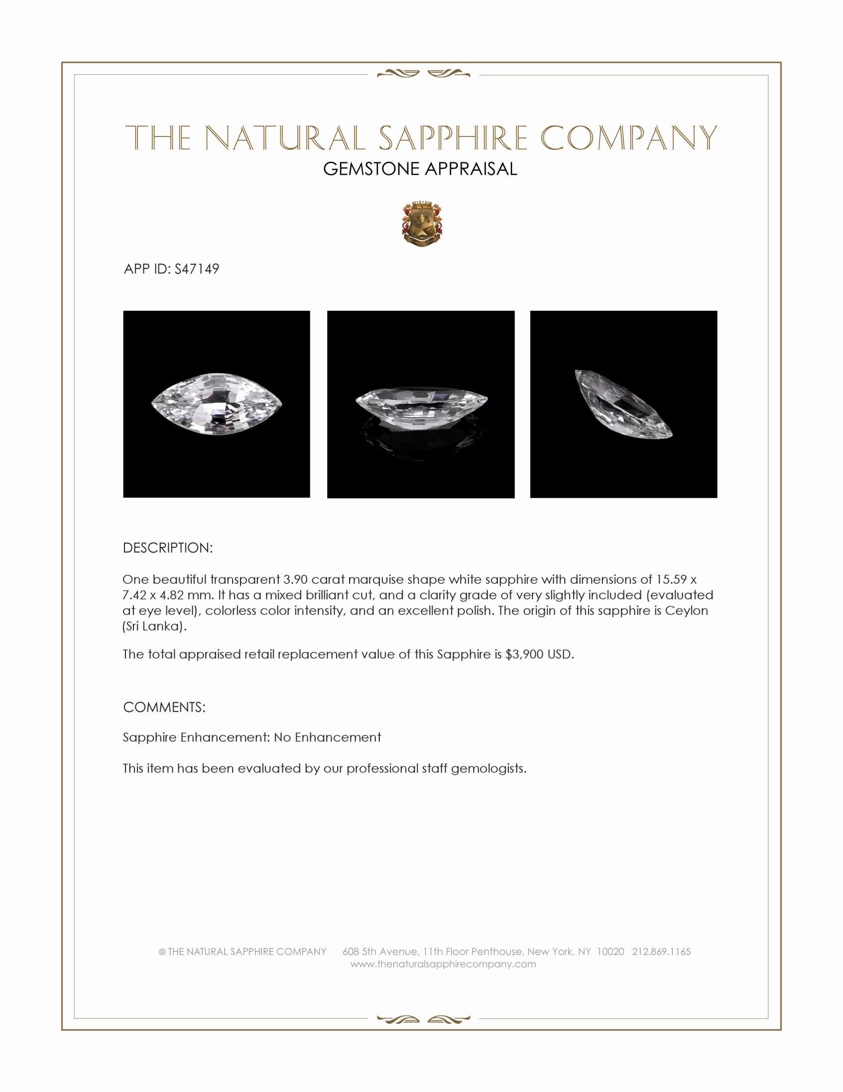 3.90 Ct. White Sapphire from Ceylon (Sri Lanka)
