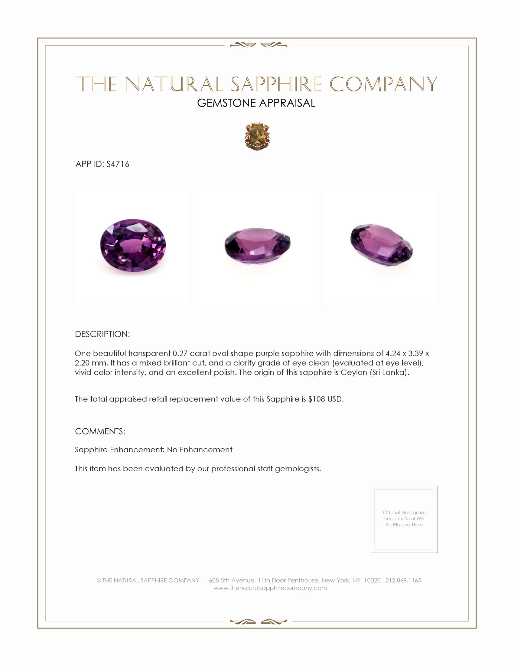 0.27 Ct. Purple Sapphire from Ceylon (Sri Lanka)