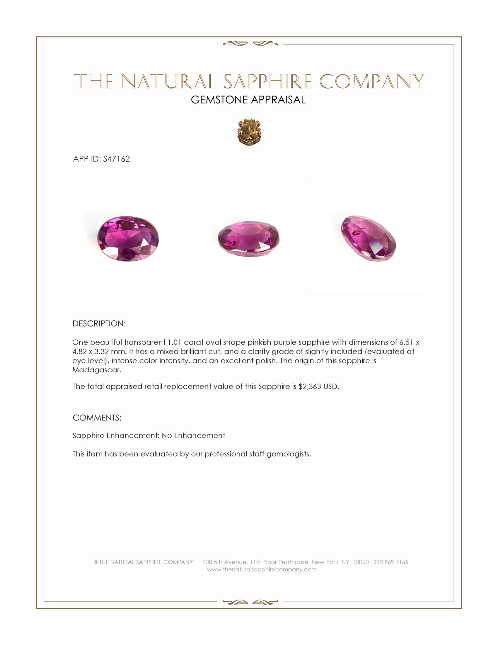 1.01 Ct. Pinkish Purple Sapphire from Madagascar