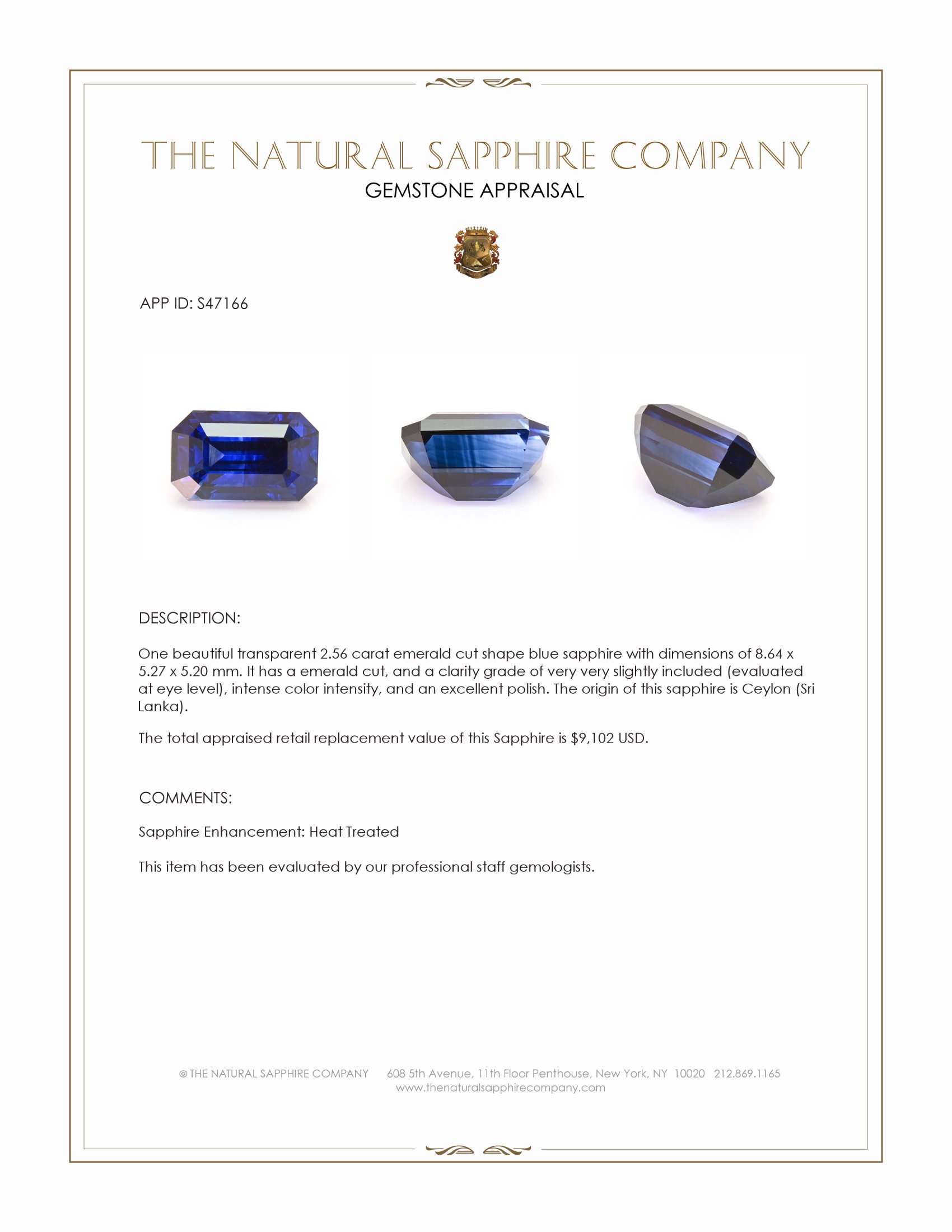 2.56 Ct. Blue Sapphire from Ceylon (Sri Lanka)
