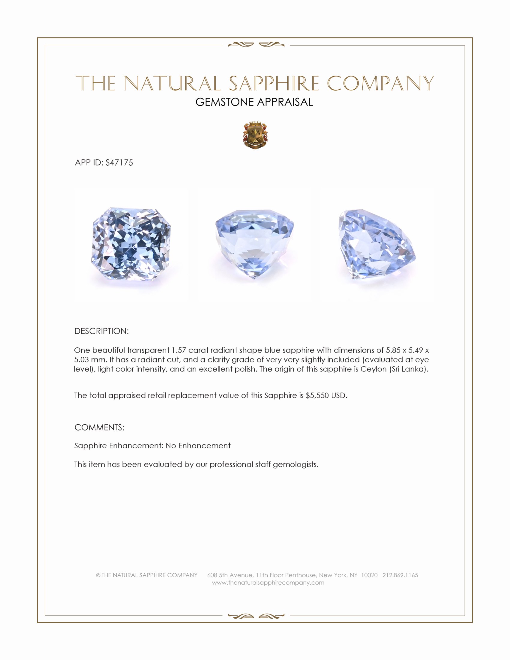 1.57 Ct. Blue Sapphire from Ceylon (Sri Lanka)