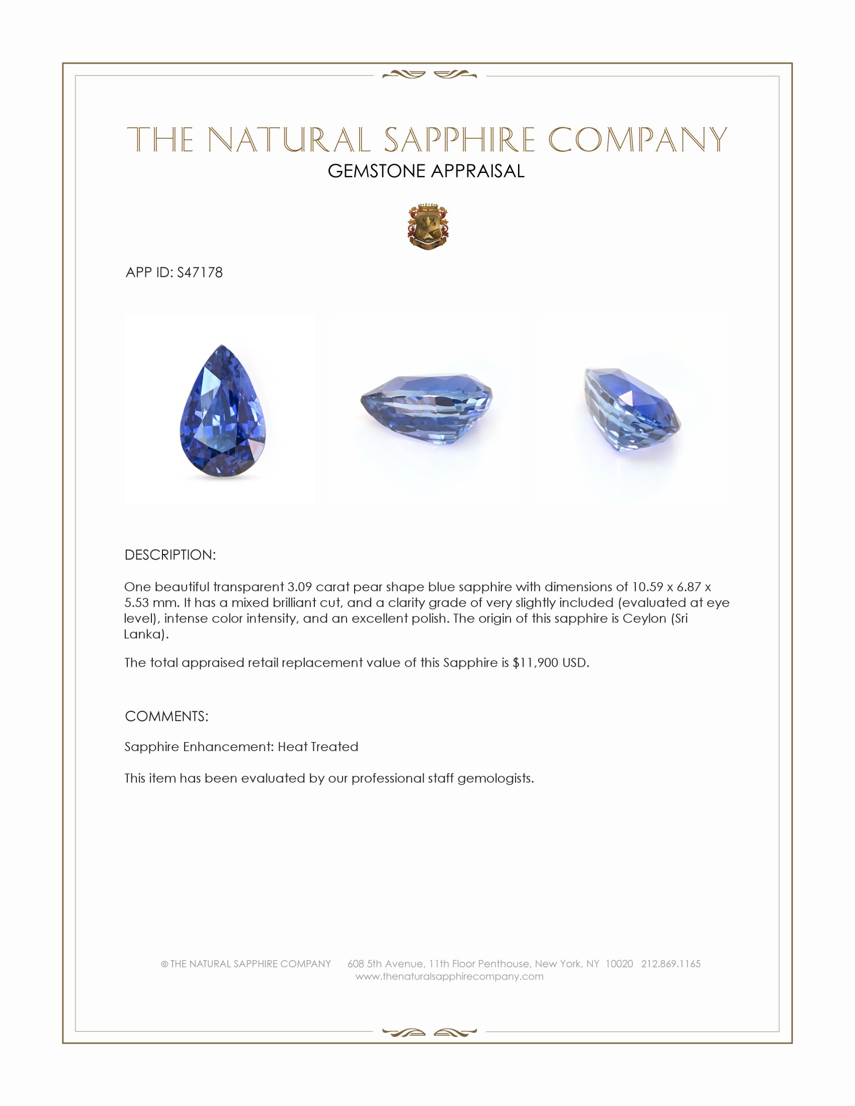 3.09 Ct. Blue Sapphire from Ceylon (Sri Lanka)