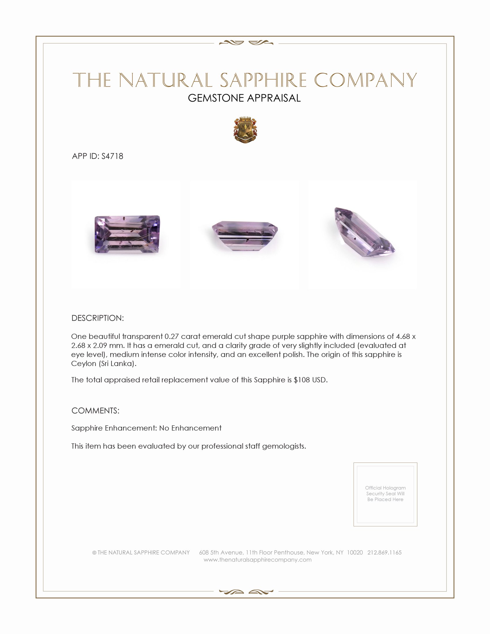 0.27 Ct. Purple Sapphire from Ceylon (Sri Lanka)