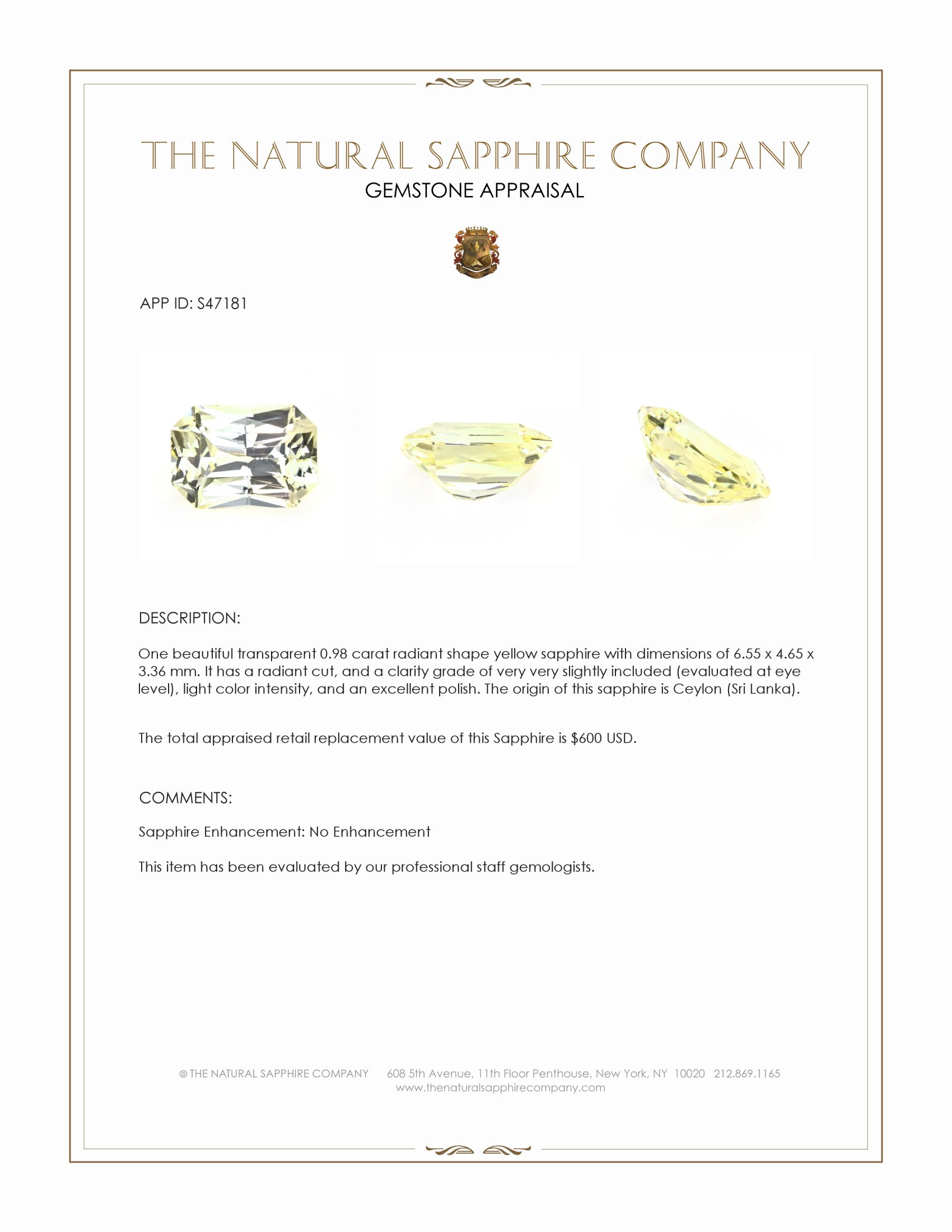 0.98 Ct. Yellow Sapphire from Ceylon (Sri Lanka)
