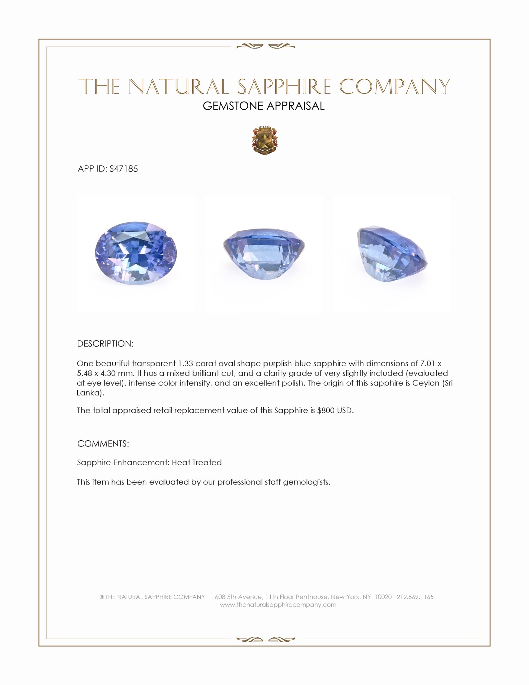 1.33 Ct. Purplish Blue Sapphire from Ceylon (Sri Lanka)
