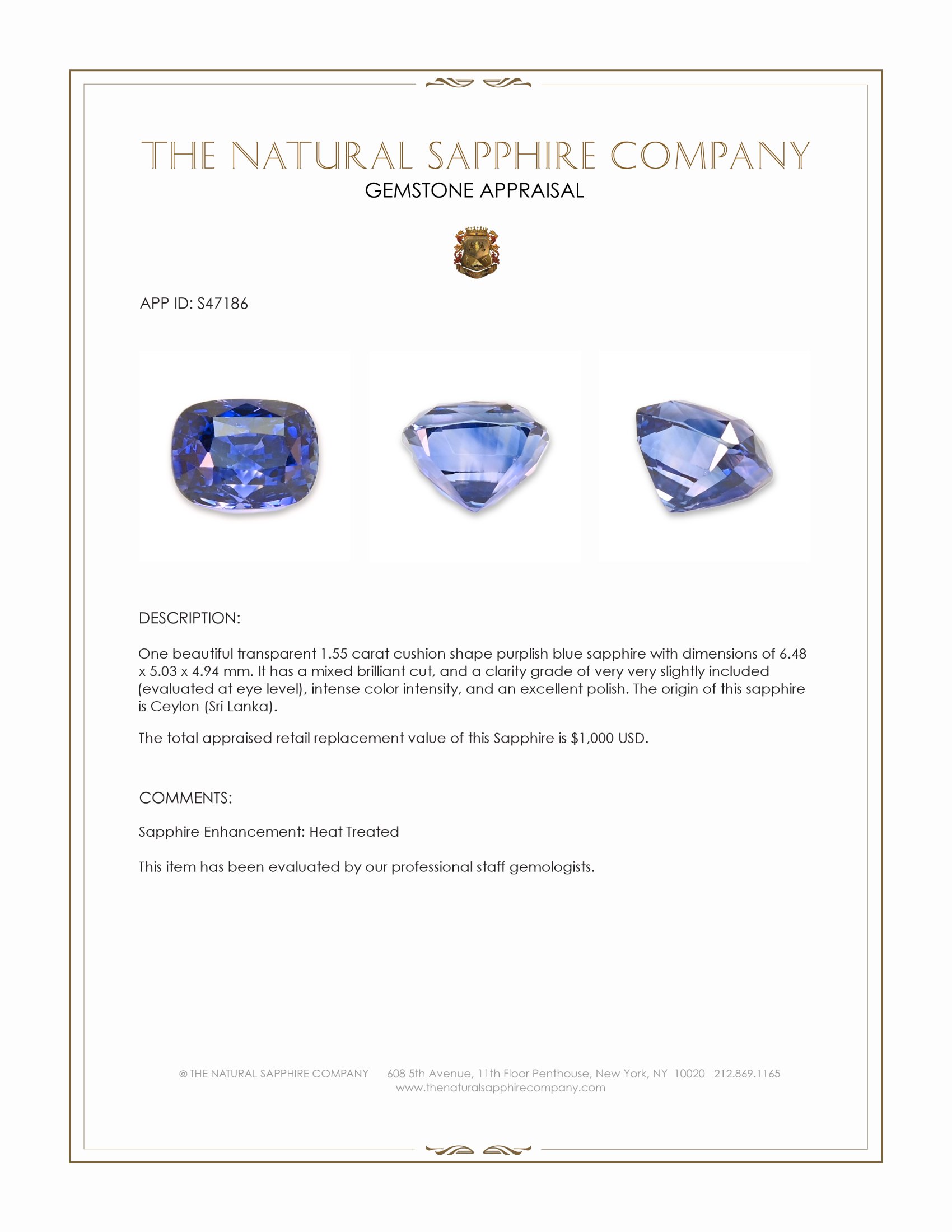 1.55 Ct. Purplish Blue Sapphire from Ceylon (Sri Lanka)