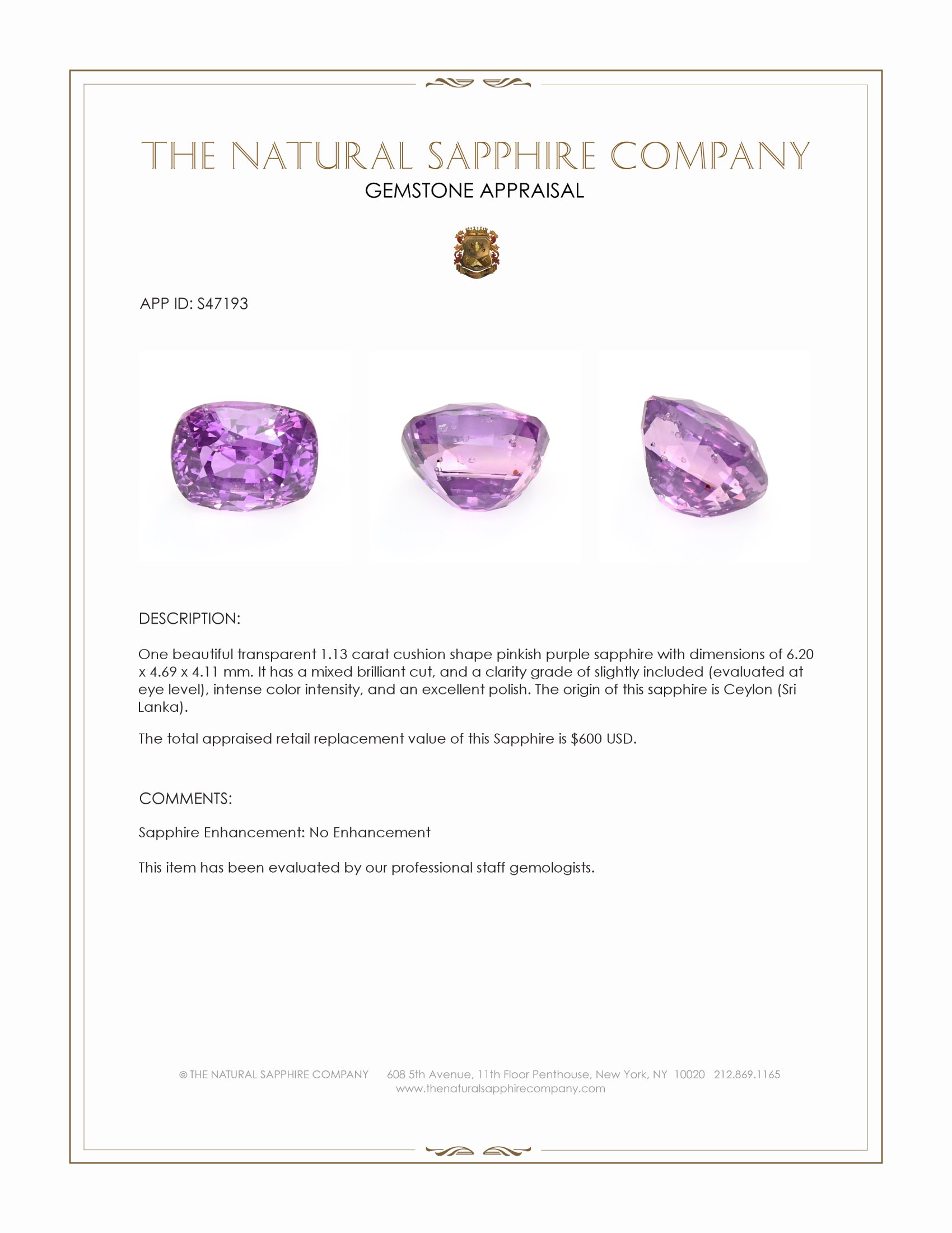 1.13 Ct. Pinkish Purple Sapphire from Ceylon (Sri Lanka)