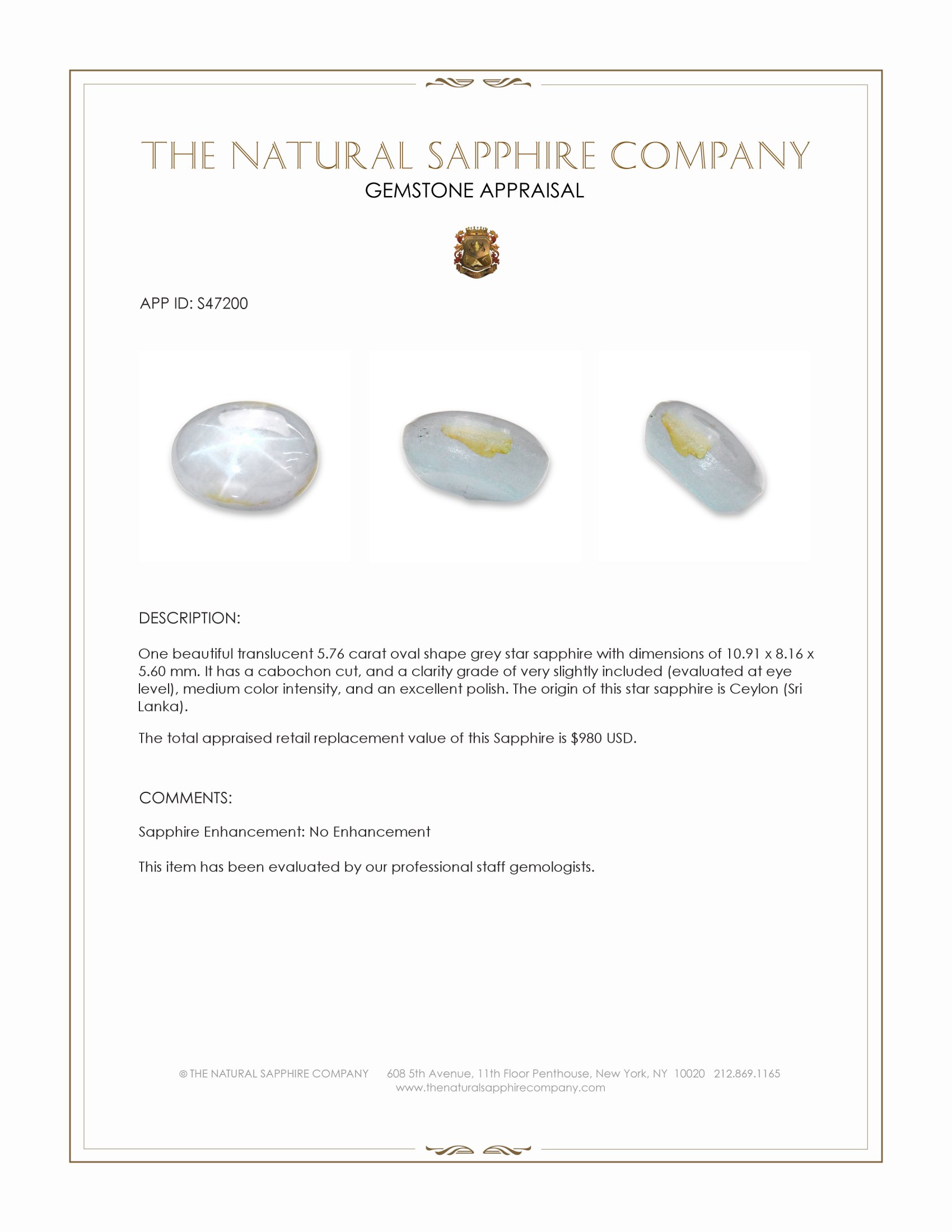 5.76 Ct. Grey Star Sapphire from Ceylon (Sri Lanka)