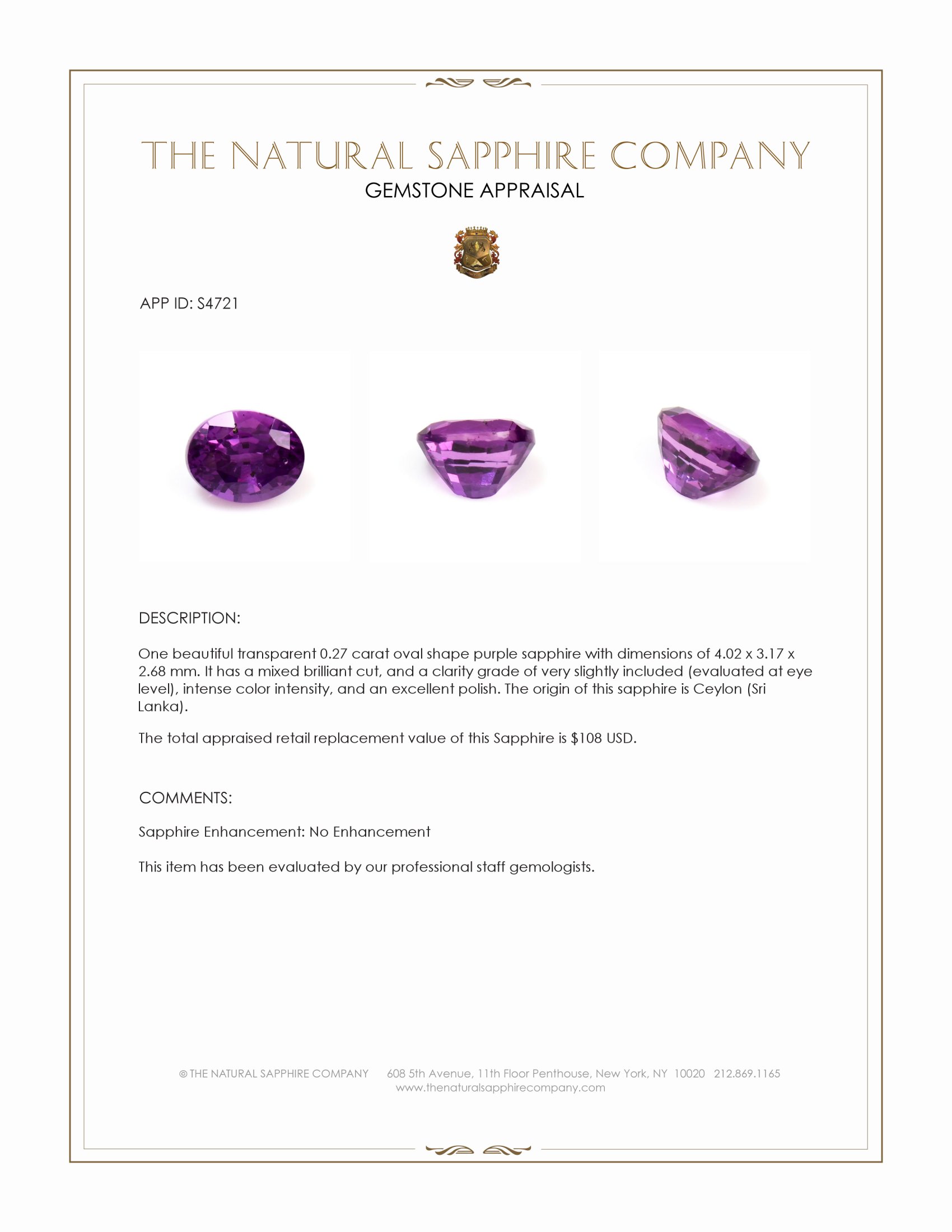 0.27 Ct. Purple Sapphire from Ceylon (Sri Lanka)