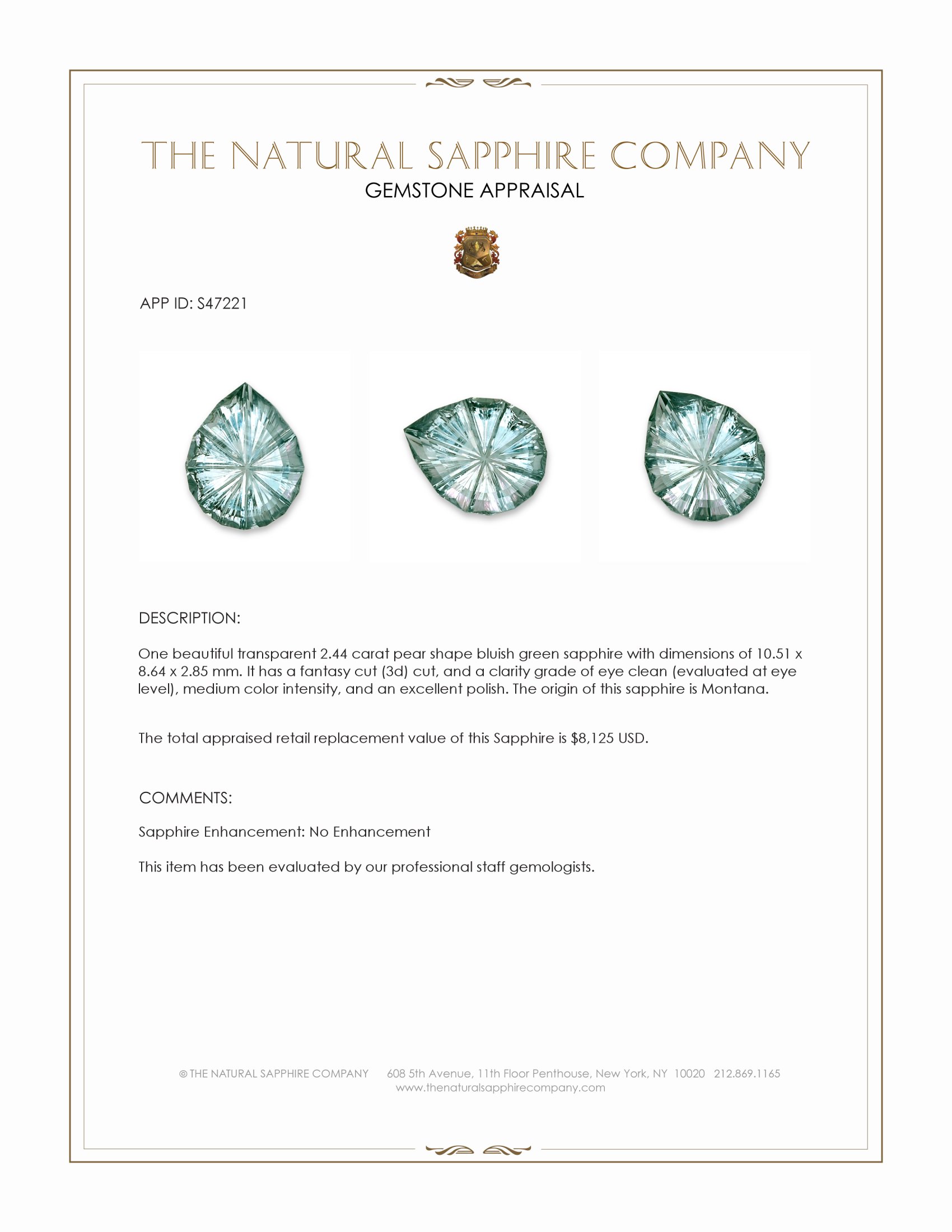 2.44 Ct. Bluish Green Sapphire from Montana