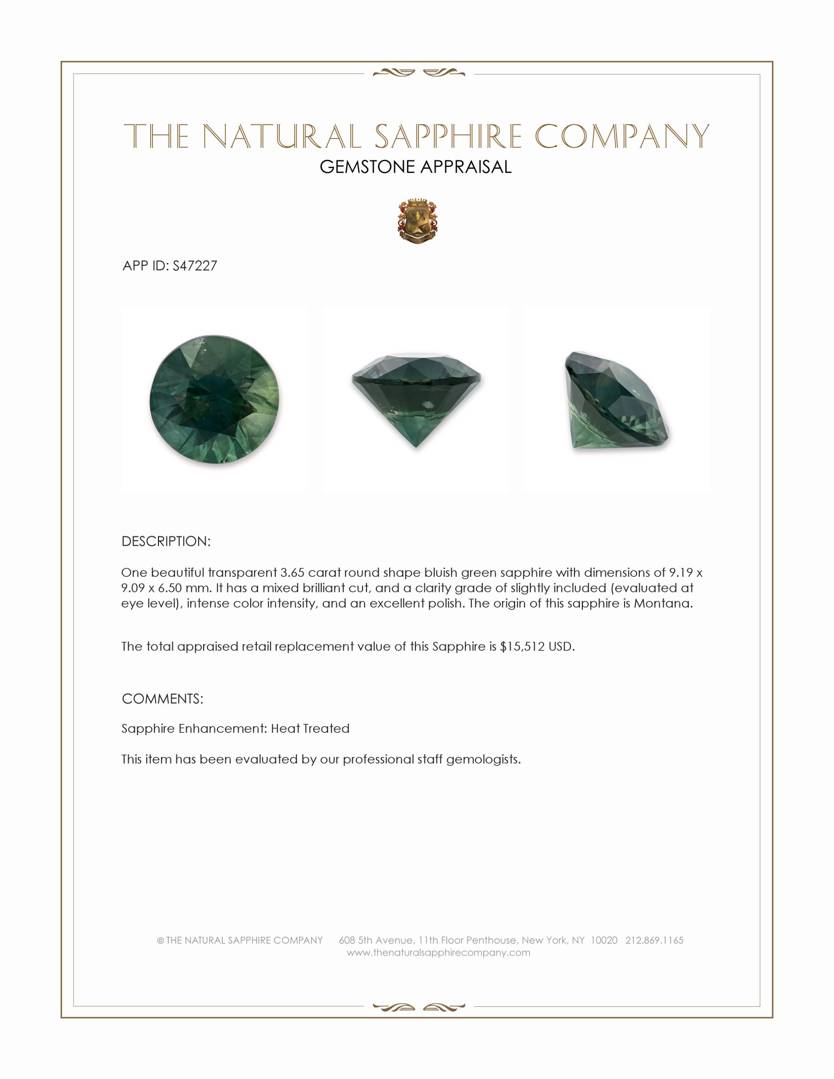 3.65 Ct. Bluish Green Sapphire from Montana