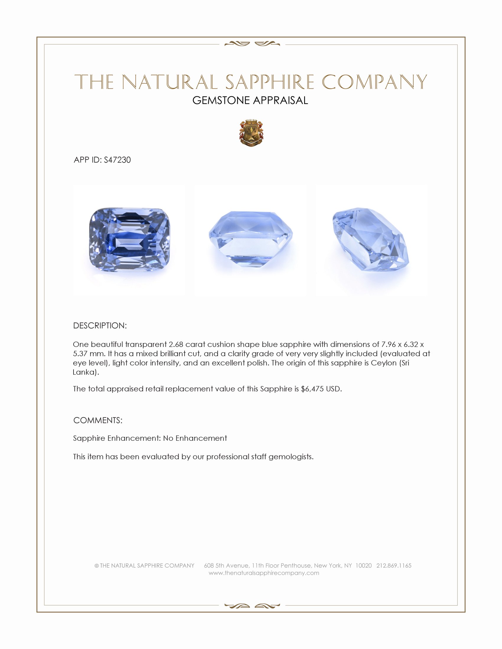 2.68 Ct. Blue Sapphire from Ceylon (Sri Lanka)