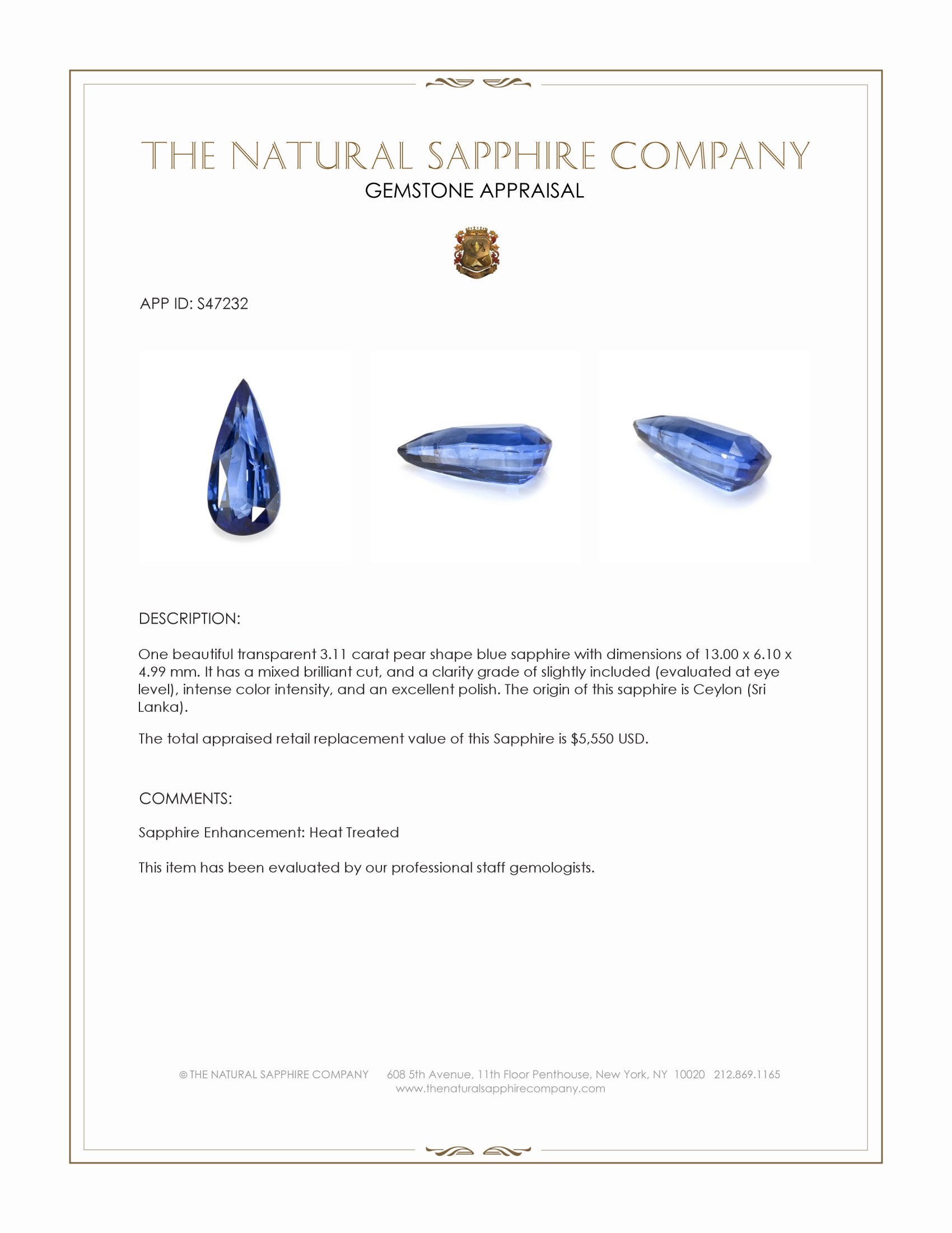 3.11 Ct. Blue Sapphire from Ceylon (Sri Lanka)